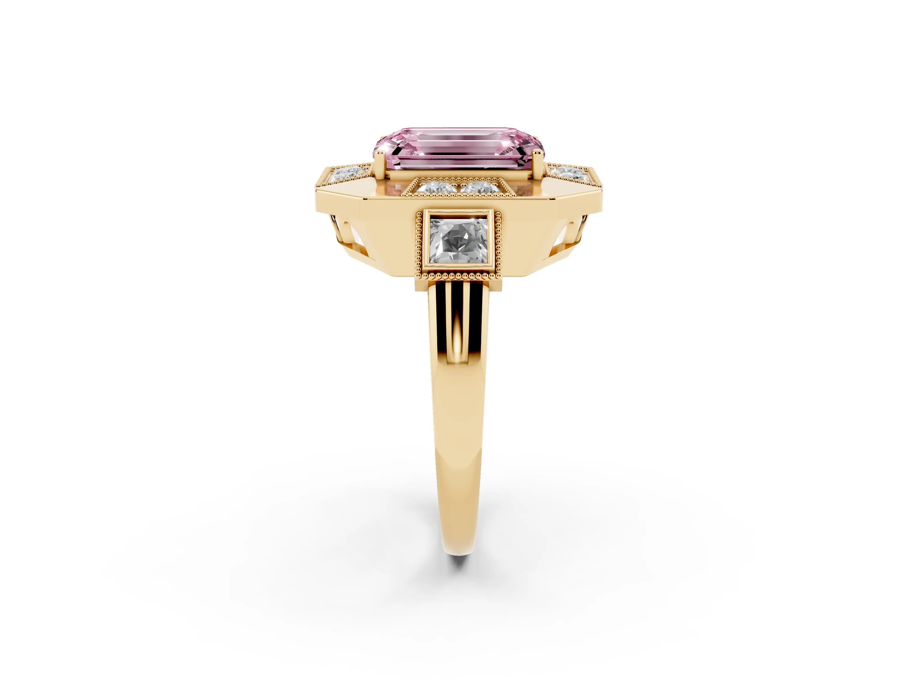 Fancy Pink Emerald Cut Diamond Milgrain Halo Ring Set in Yellow gold with Split Shank