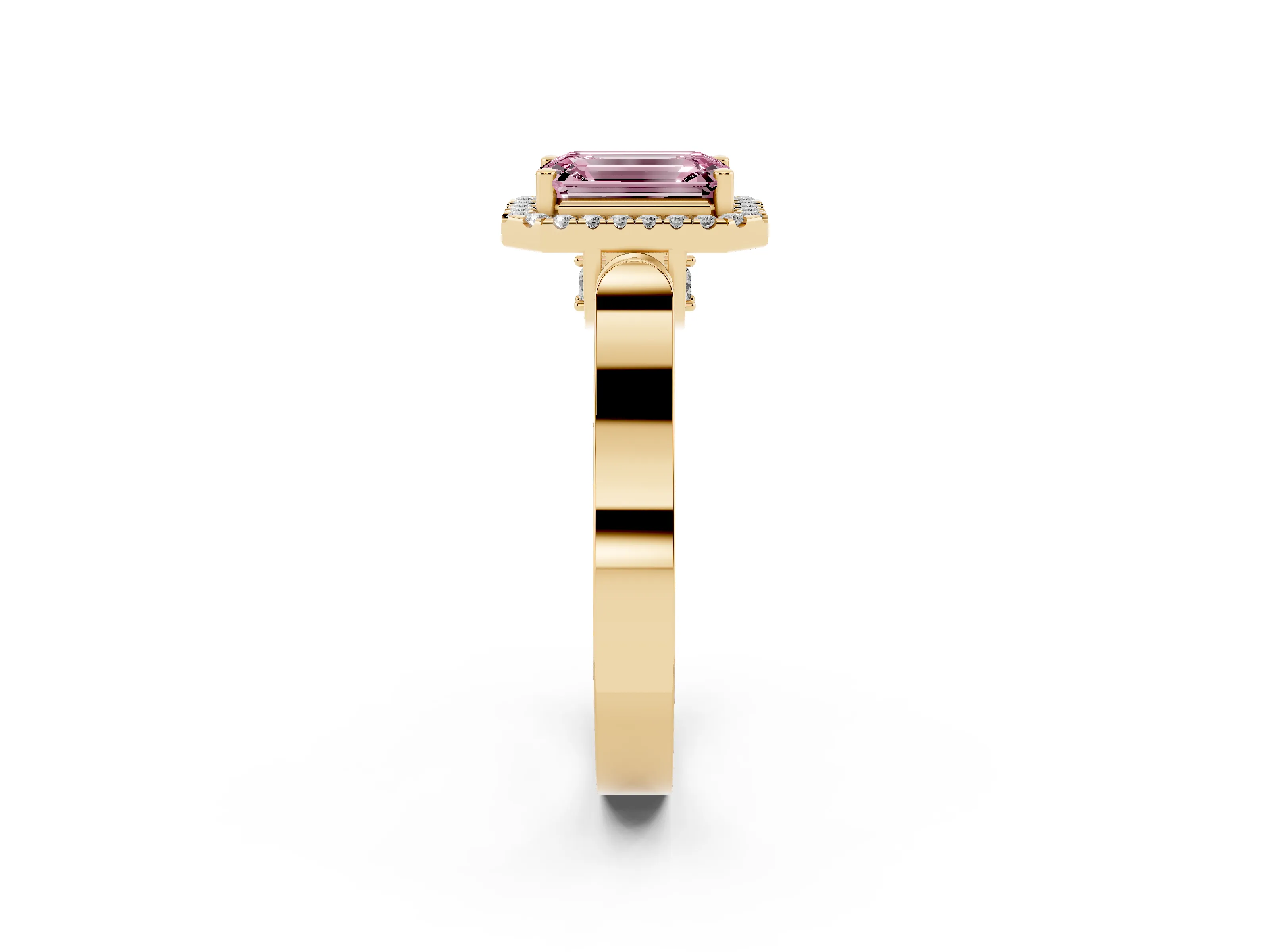 Fancy Pink Emerald Cut Diamond Halo Ring Set in Yellow gold with Pavé-Lined Split Shank Band