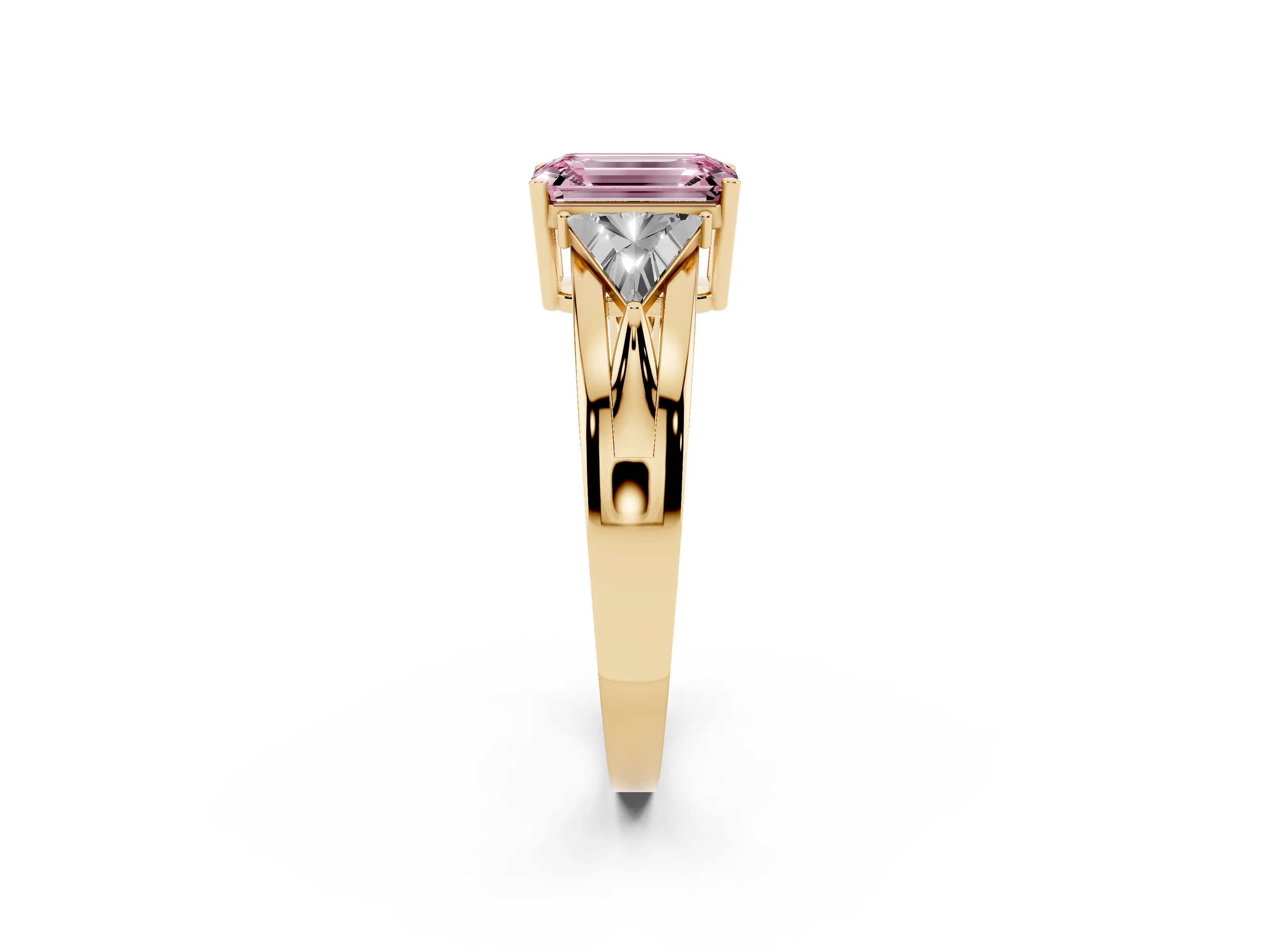 Fancy Pink Emerald Cut Diamond Three-Stone Ring Set in Yellow gold with Trillion Side Stones and Split Shank
