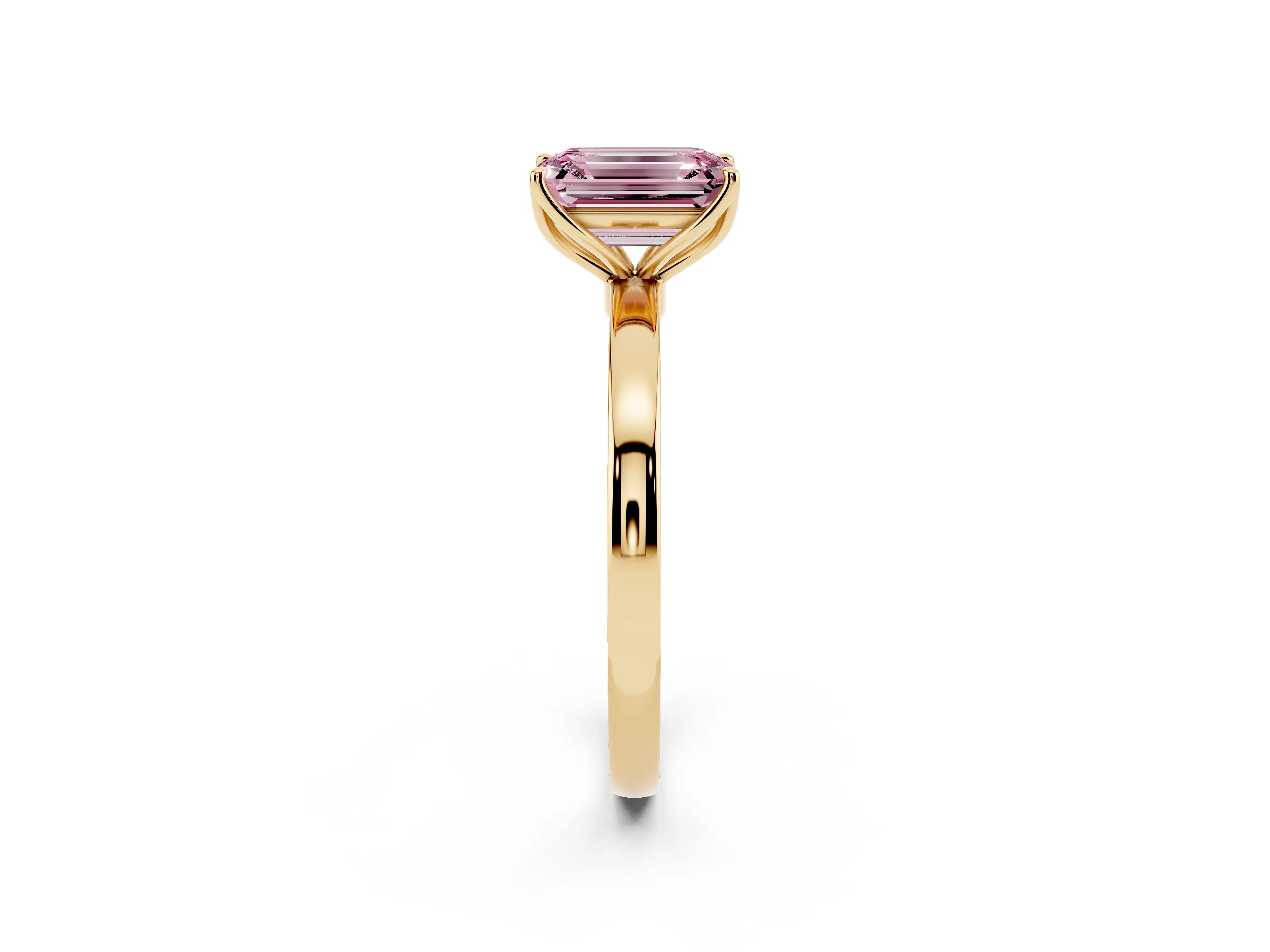 Fancy Pink Emerald Cut Diamond Solitaire Ring Set in Yellow gold with Prong Setting and Thin Polished Band