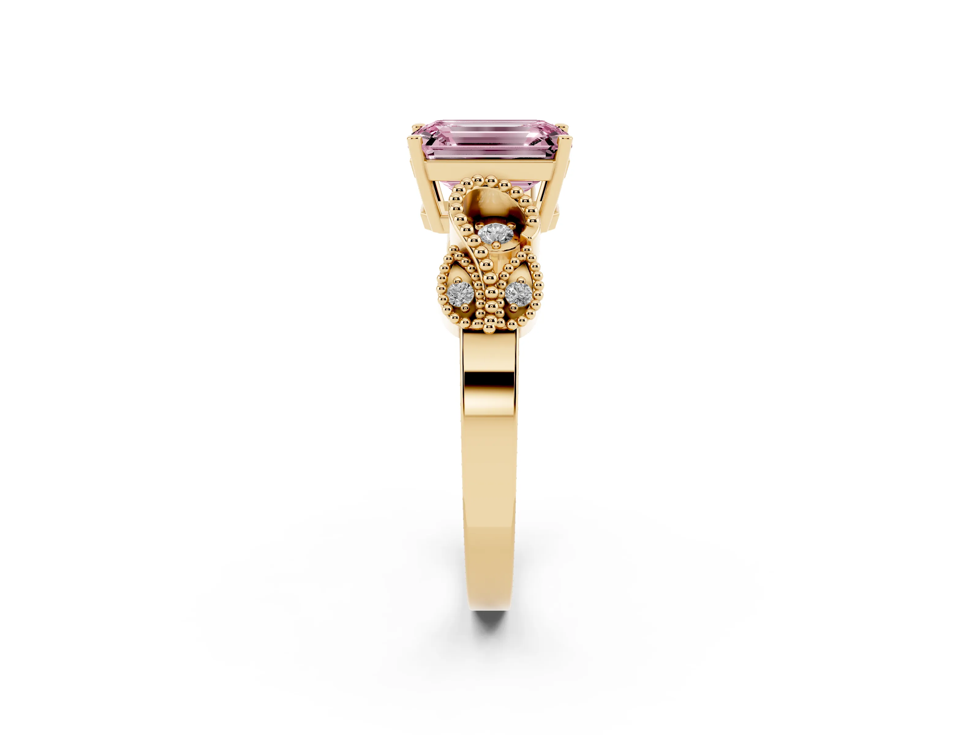 Fancy Pink Emerald Cut Diamond Milgrain Leaf Band Solitaire Ring Set in Yellow gold with Accent Stones and Prong Setting