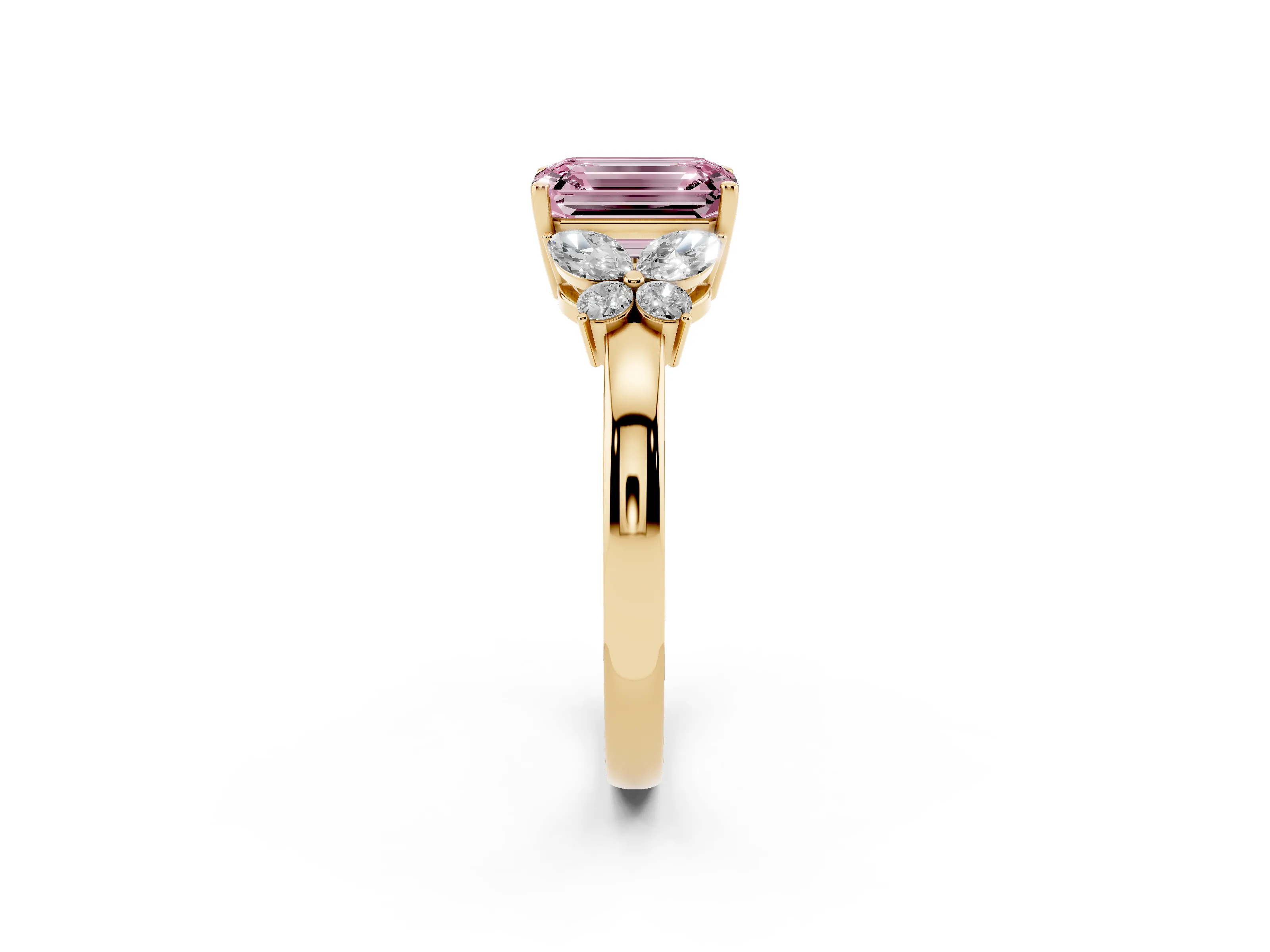 Fancy Pink Emerald Cut Diamond Solitaire Floral Ring Set in Yellow gold with Marquise Petals and Prong Setting