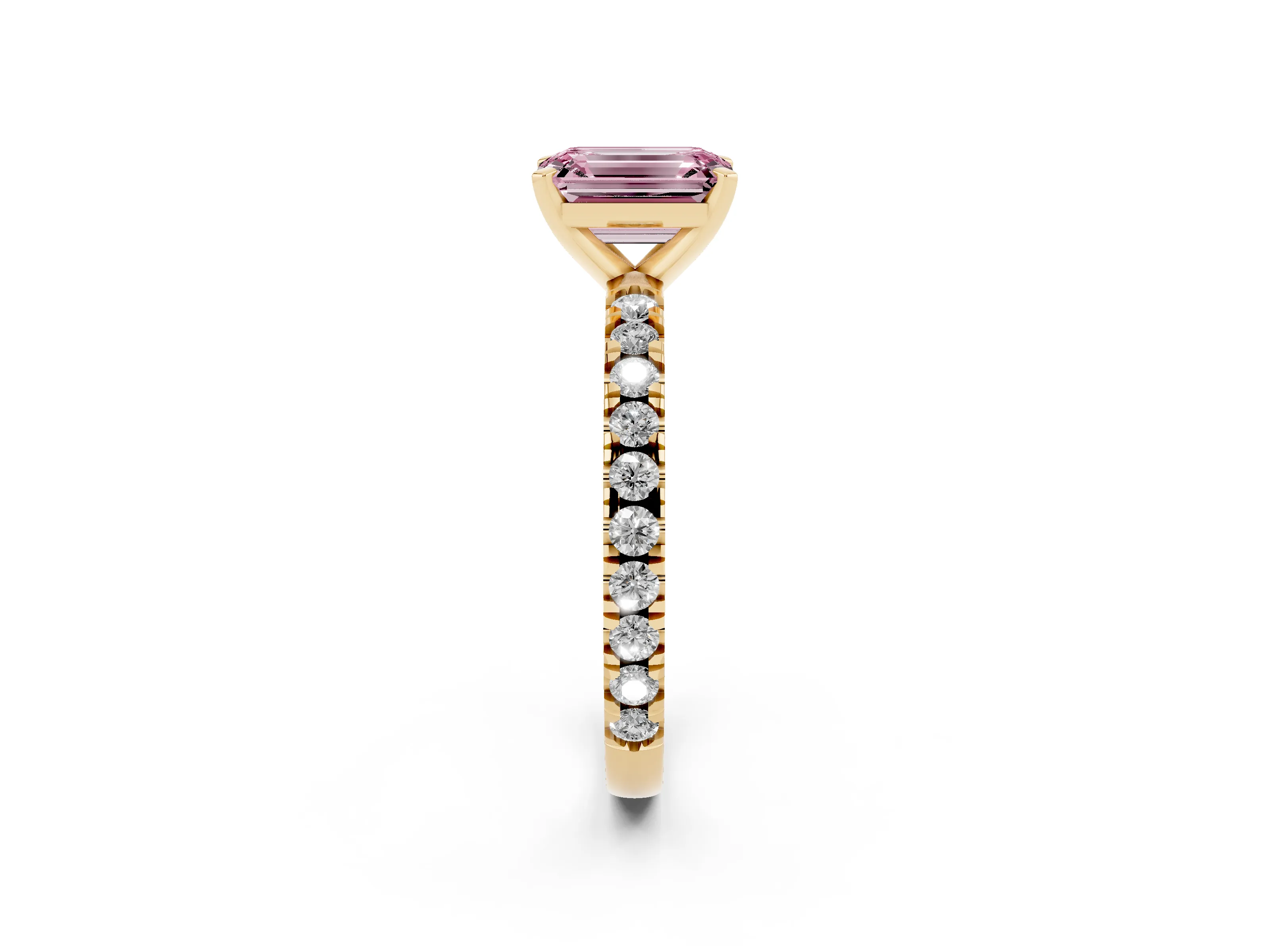 Fancy Pink Emerald Cut Diamond Pavé Band Solitaire Set in Yellow gold with Prong Setting