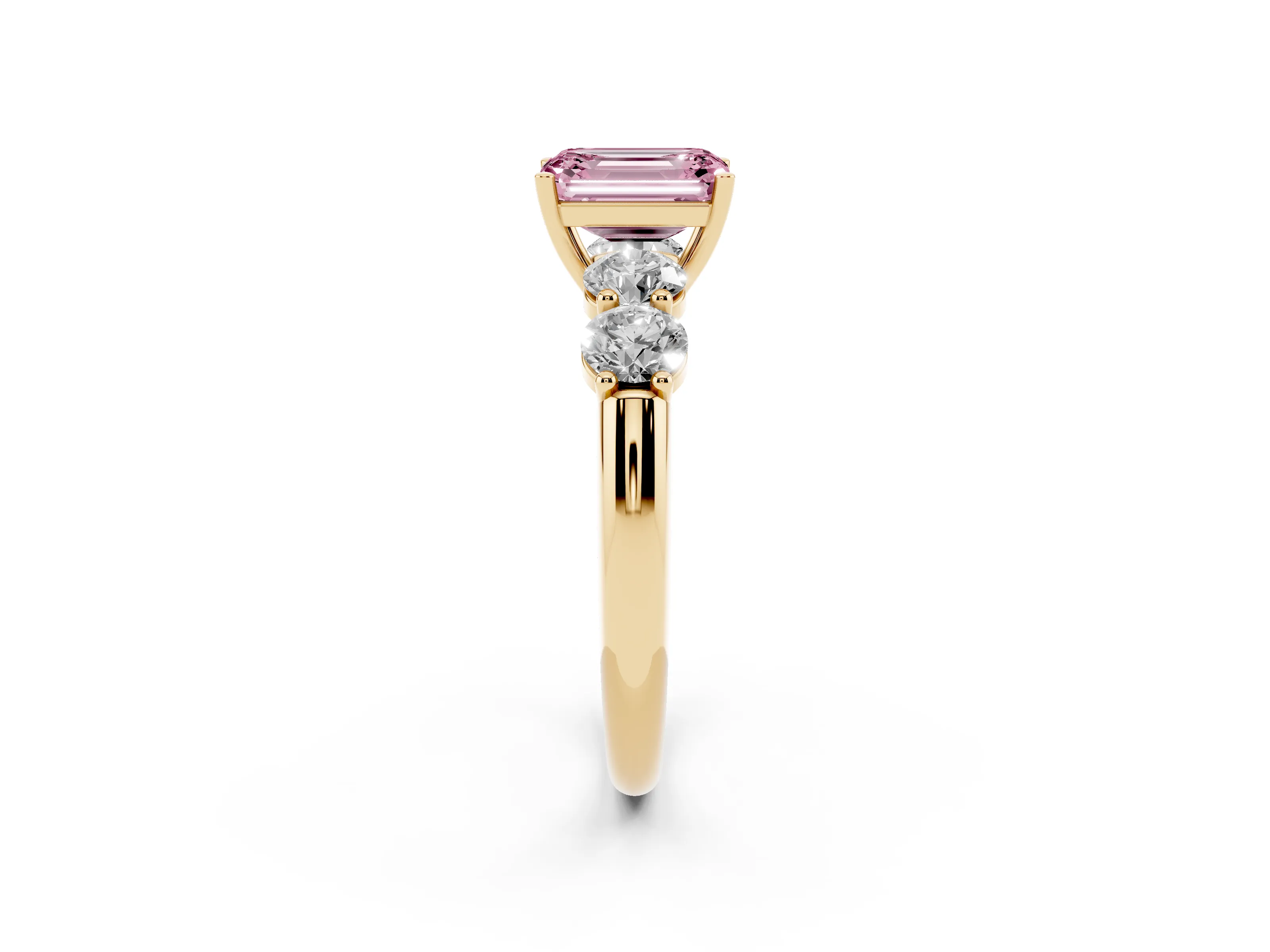 Fancy Pink Emerald Cut Diamond Five-Stone Prong Set Ring Set in Yellow gold with Classic Band