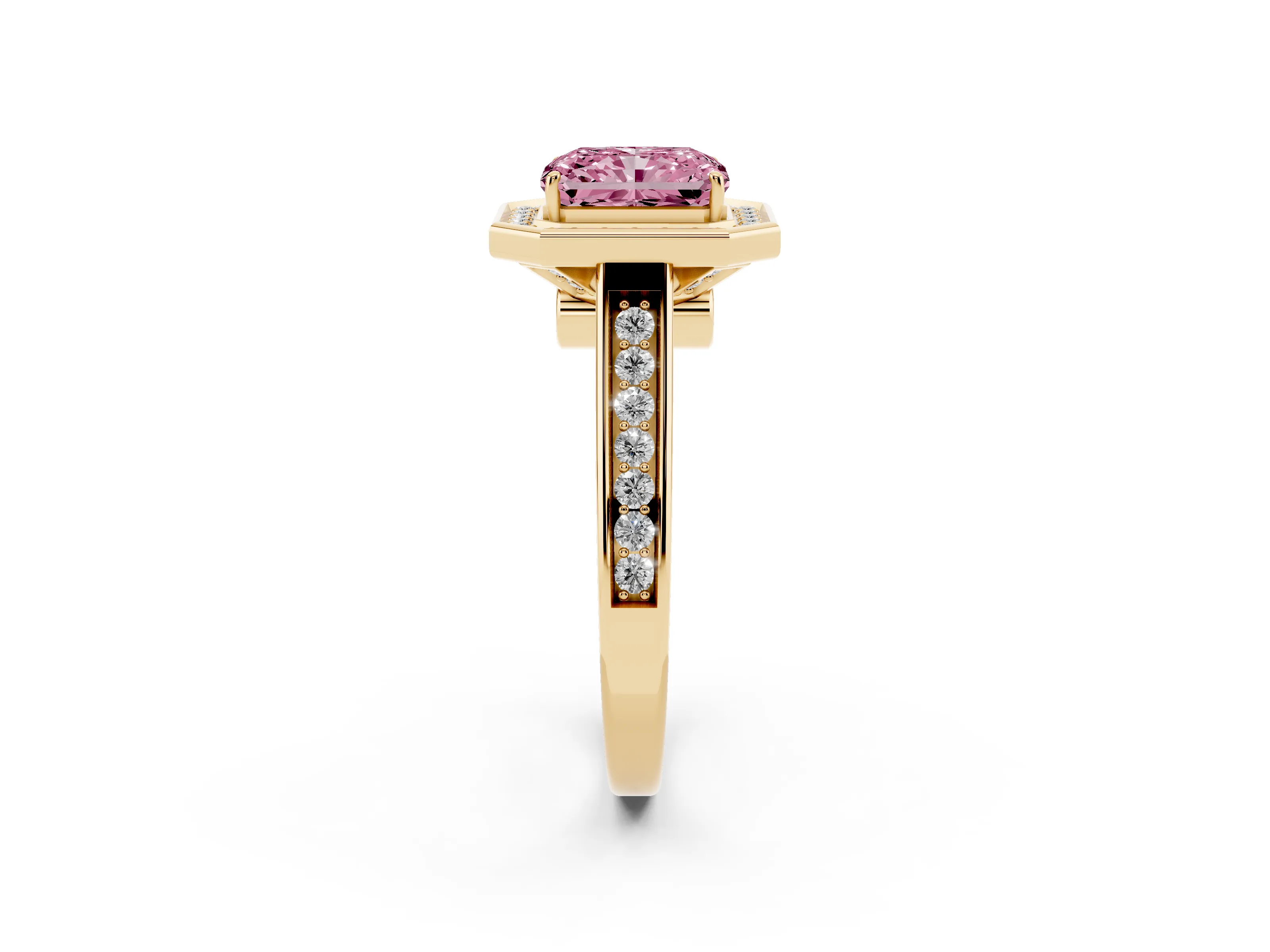 Fancy Pink Emerald Cut Diamond Halo Solitaire Ring Set in Yellow gold with Pavé Band and Bezel Setting