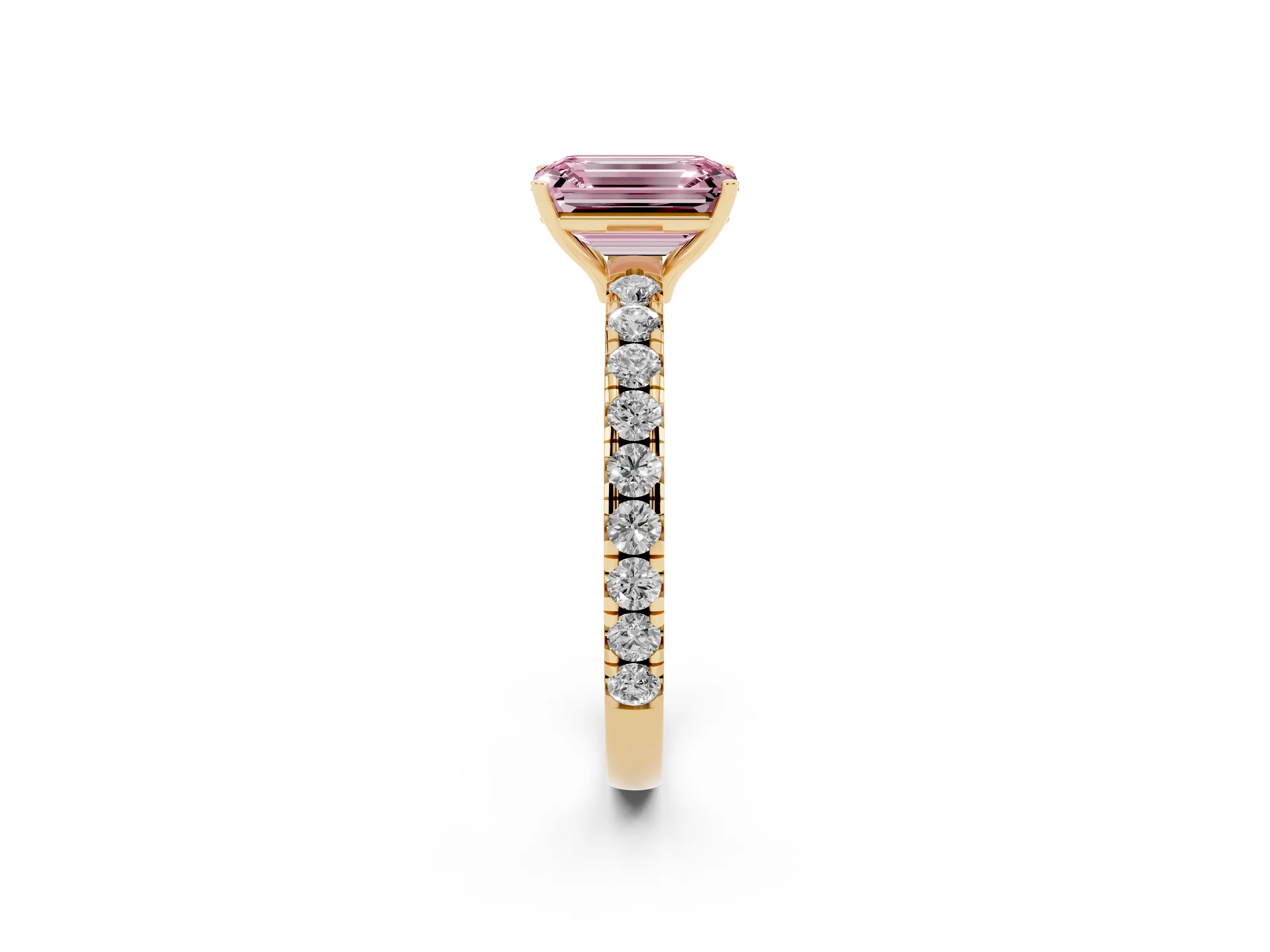 Fancy Pink Emerald Cut Diamond Pavé Solitaire Engagement Ring Set in Yellow gold with Prong Setting