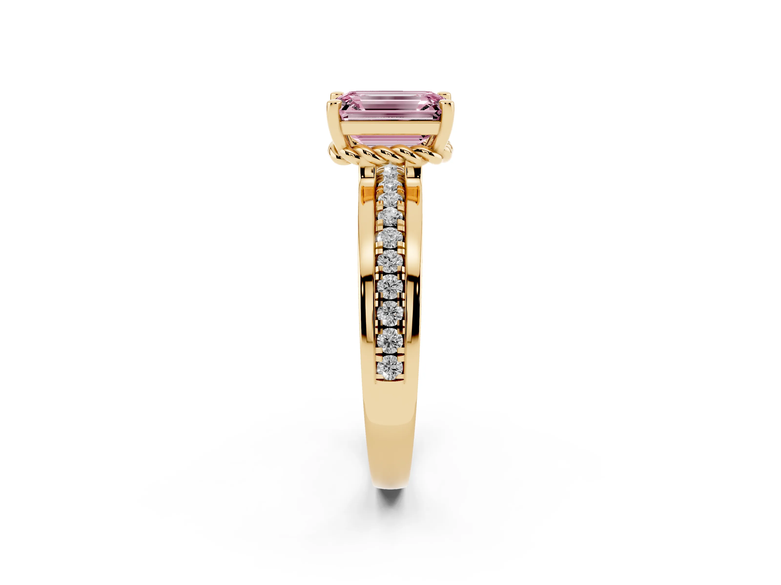 Fancy Pink Emerald Cut Diamond Solitaire Ring Set in Yellow gold with Channel Set Band and Prong Setting