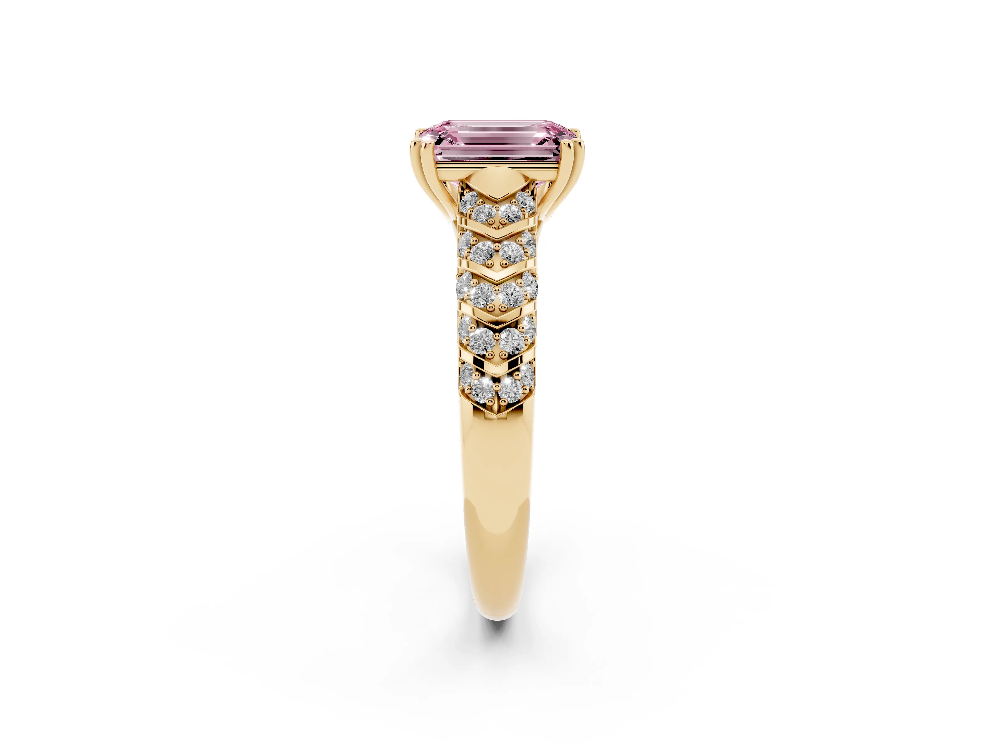 Fancy Pink Emerald Cut Diamond Solitaire Chevron Pavé Engagement Ring Set in Yellow gold with Prong Setting