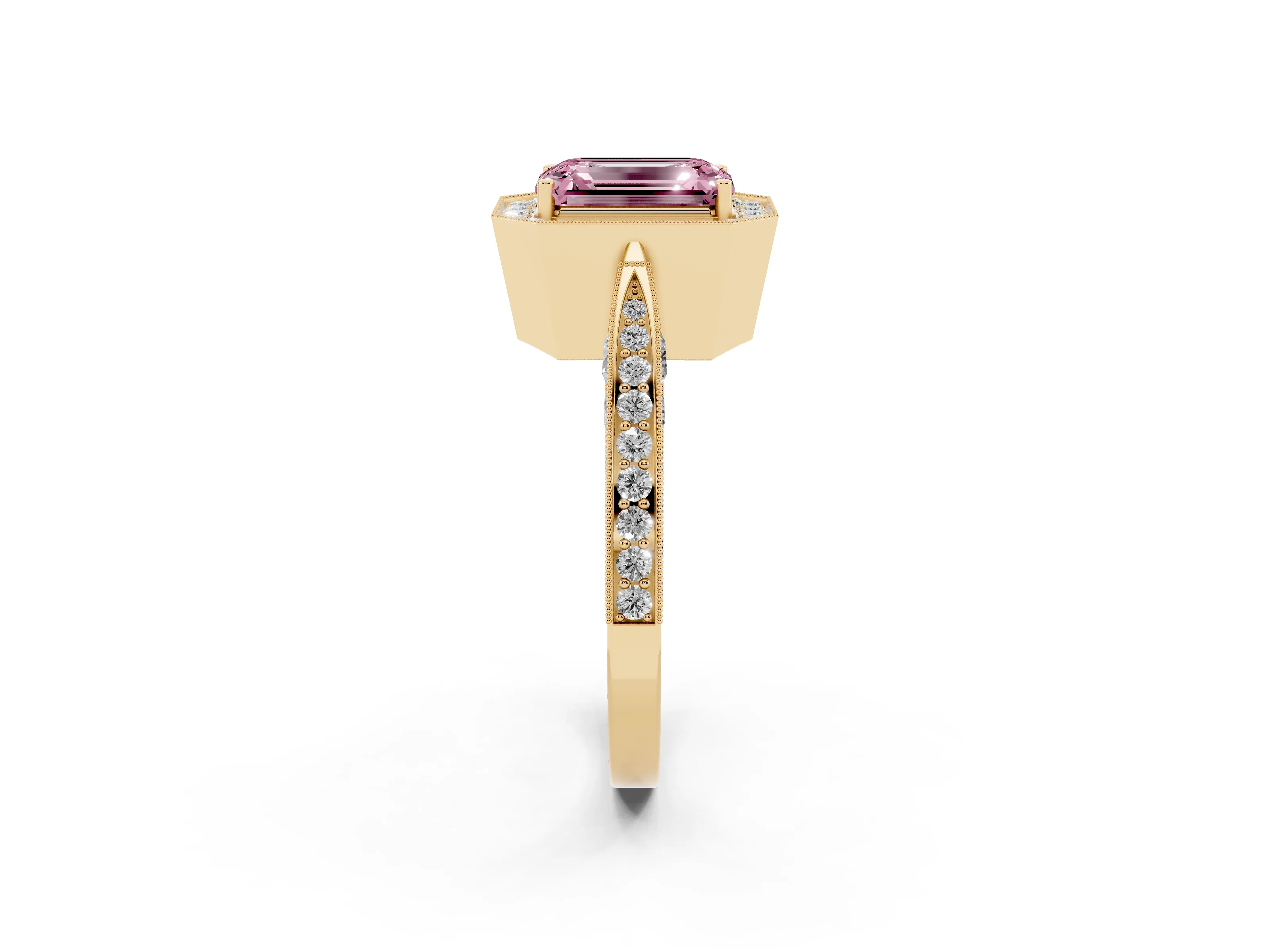 Fancy Pink Emerald Cut Diamond Halo Engagement Ring Set in Yellow gold with Accent Split Shank Band