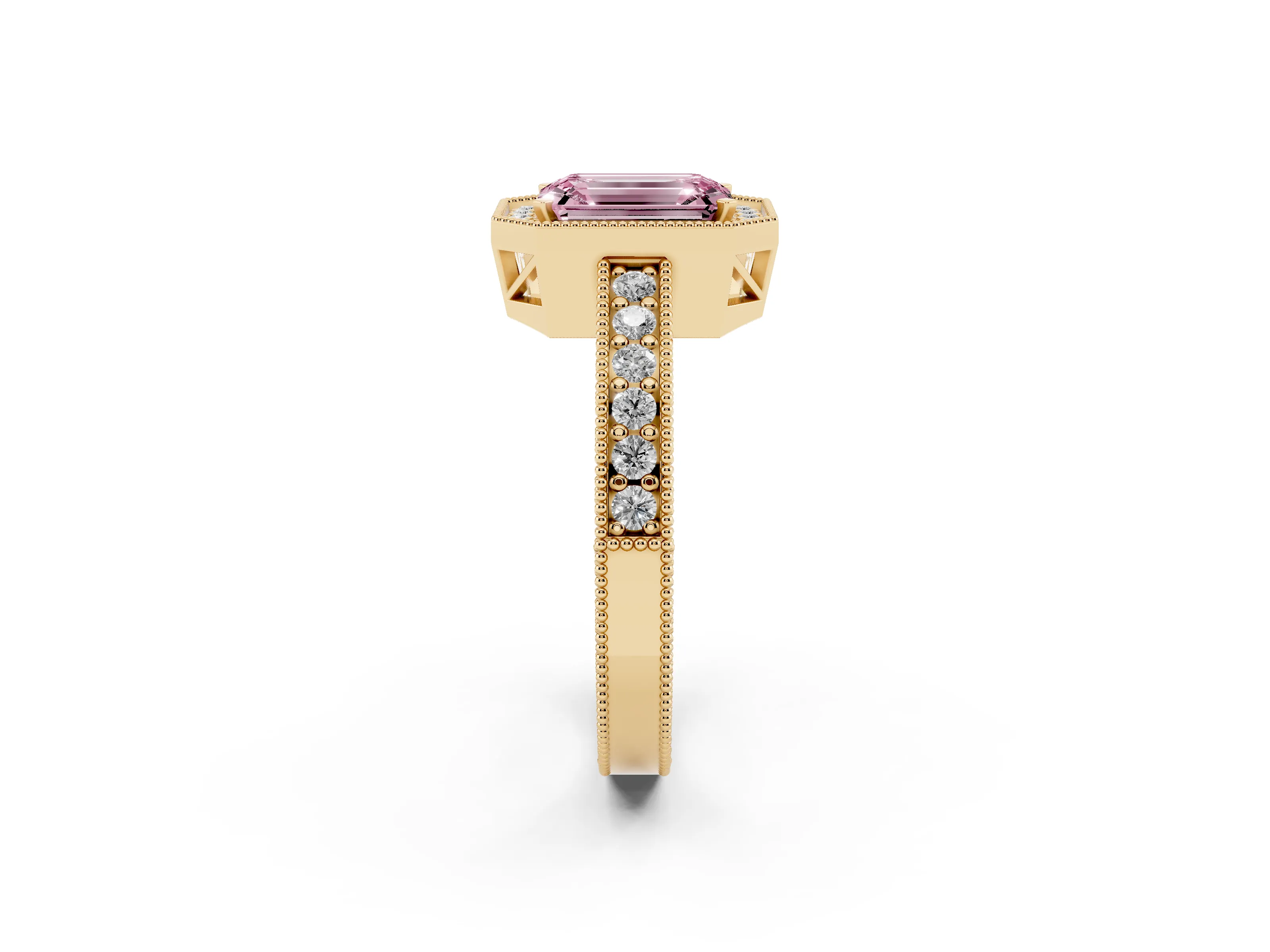 Fancy Pink Emerald Cut Diamond Halo Pavé Band Ring Set in Yellow gold with Prong-Set Center