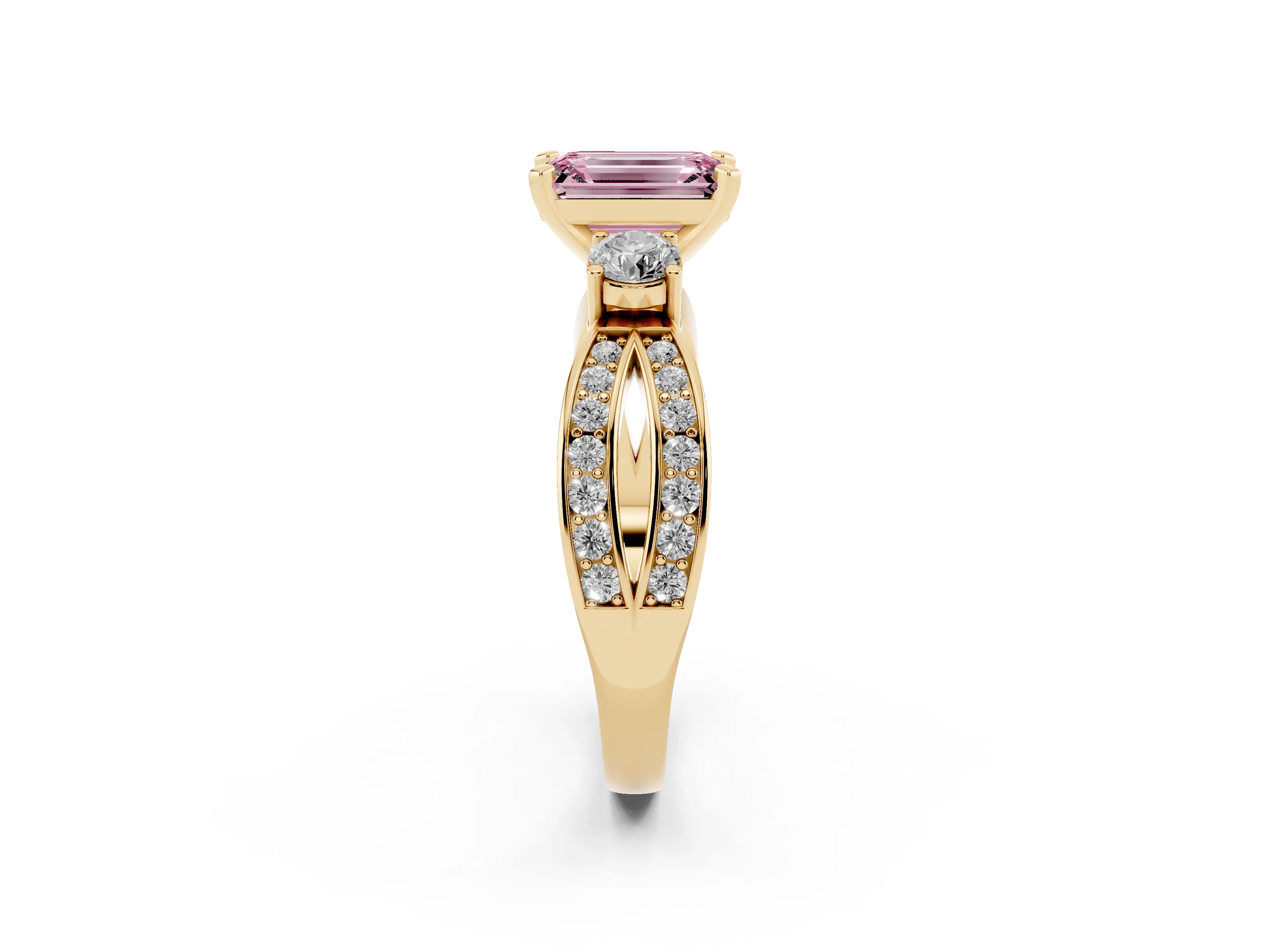 Fancy Pink Three-Stone Emerald Cut Diamond Twist Band Ring Set in Yellow gold with Pavé Accents and Prong Setting