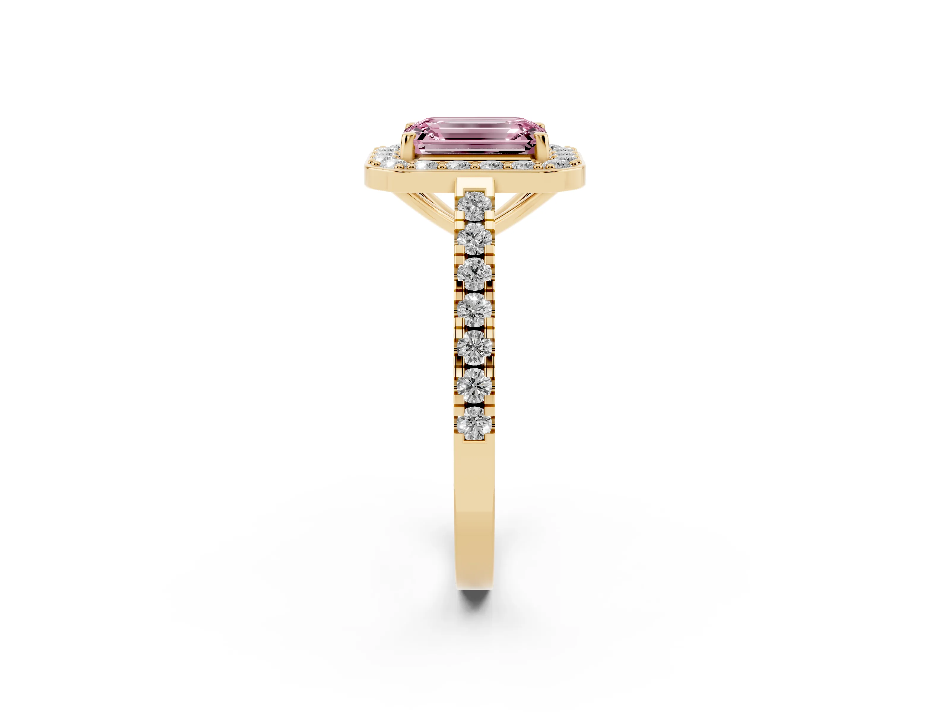 Fancy Pink Emerald Cut Diamond Halo Ring Set in Yellow gold with Round Pavé Split Shank and Prong Setting