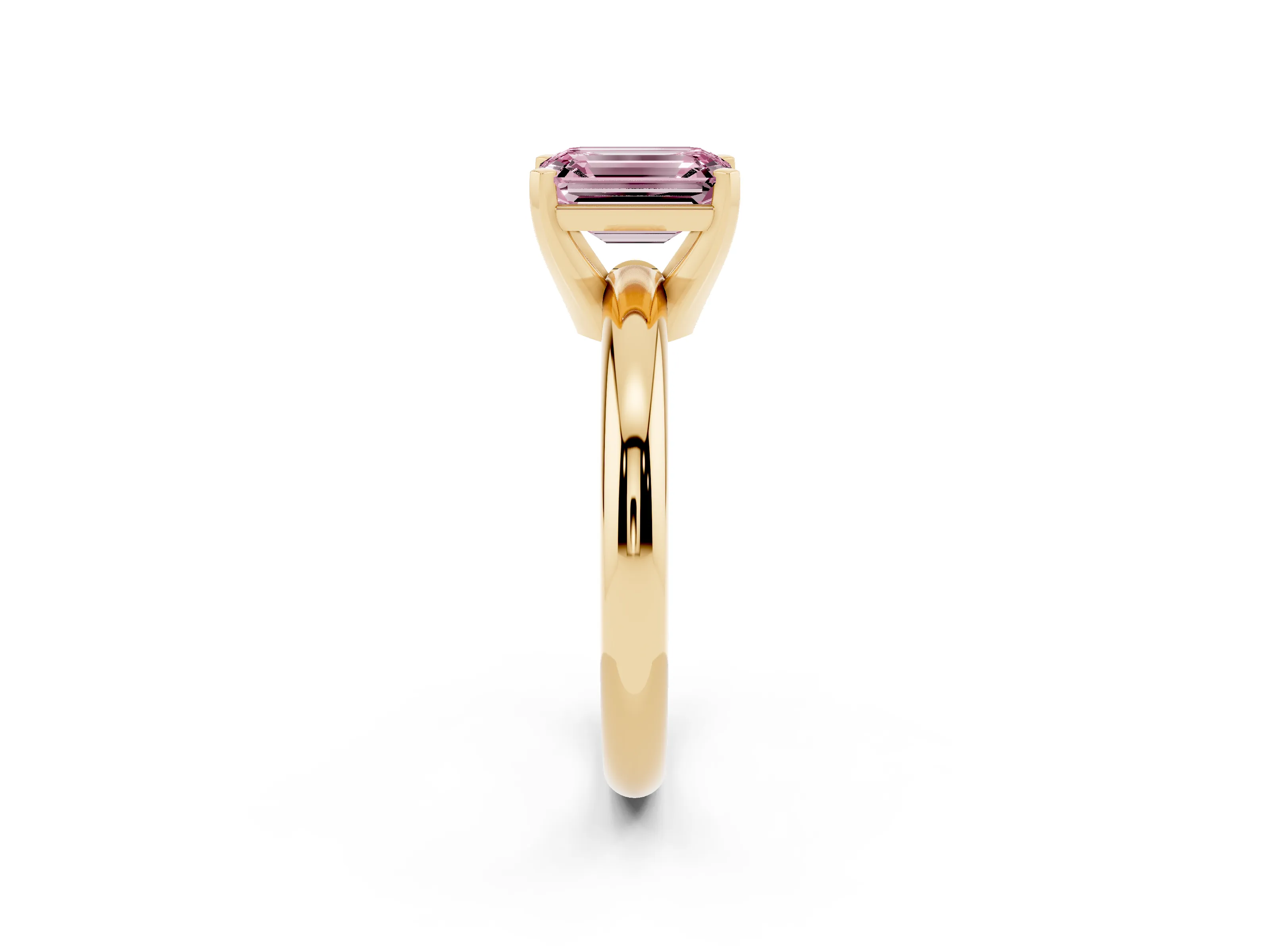 Fancy Pink Emerald Cut Diamond Solitaire Engagement Ring Set in Yellow gold with Round Band and Prong Setting