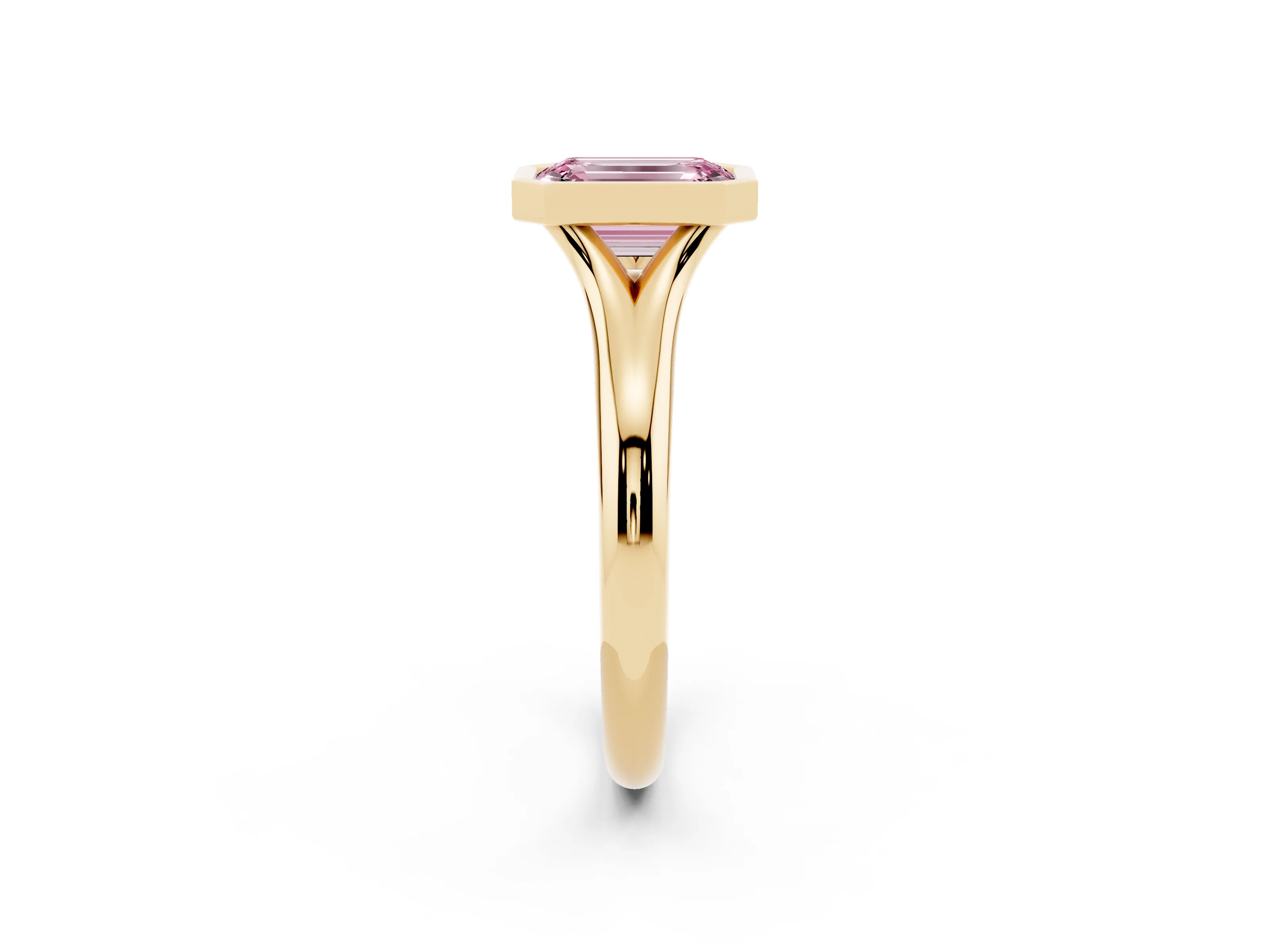Fancy Pink Bezel Set Emerald Cut Diamond Solitaire Ring Set in Yellow gold with Smooth Band
