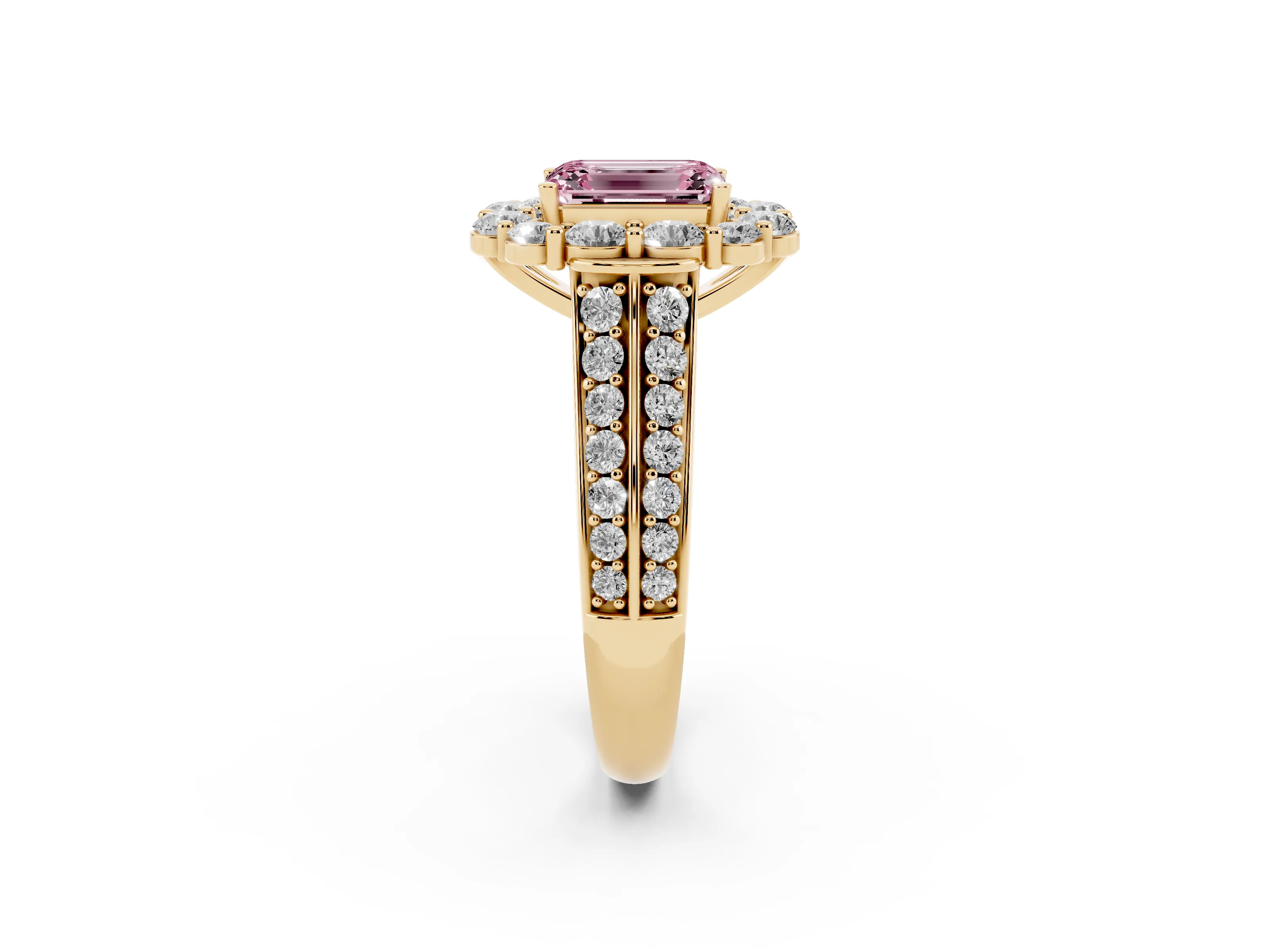 Fancy Pink Emerald Cut Diamond Halo Engagement Ring Set in Yellow gold with Split Shank and Prong Setting