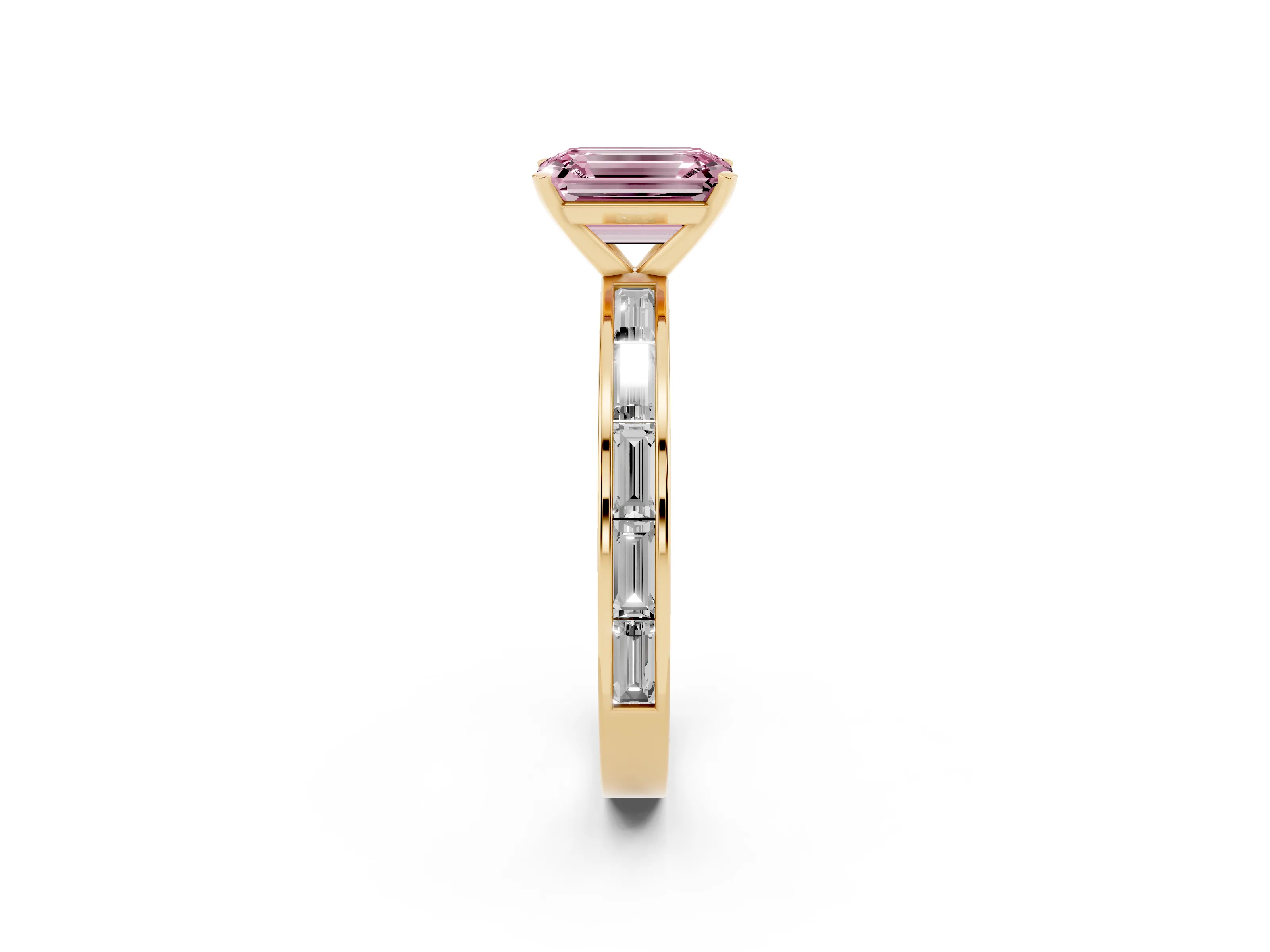 Fancy Pink Emerald Cut Diamond Solitaire Ring Set in Yellow gold with Channel-Set Baguette Band and Prong Setting