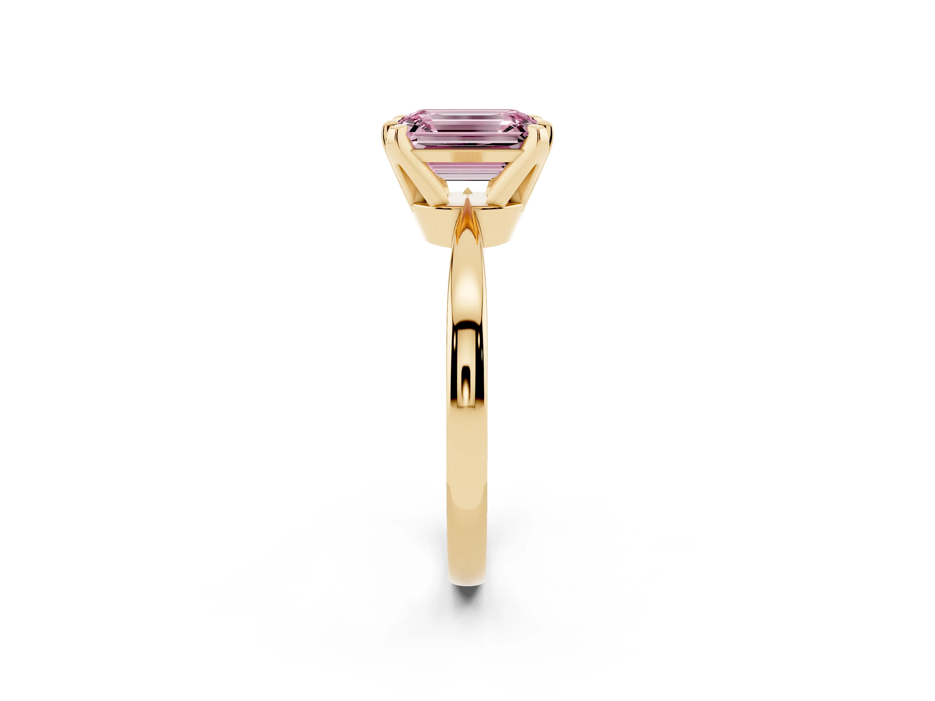 Fancy Pink Emerald Cut Diamond Solitaire Engagement Ring Set in Yellow gold with Slim Tapered Solitaire Band