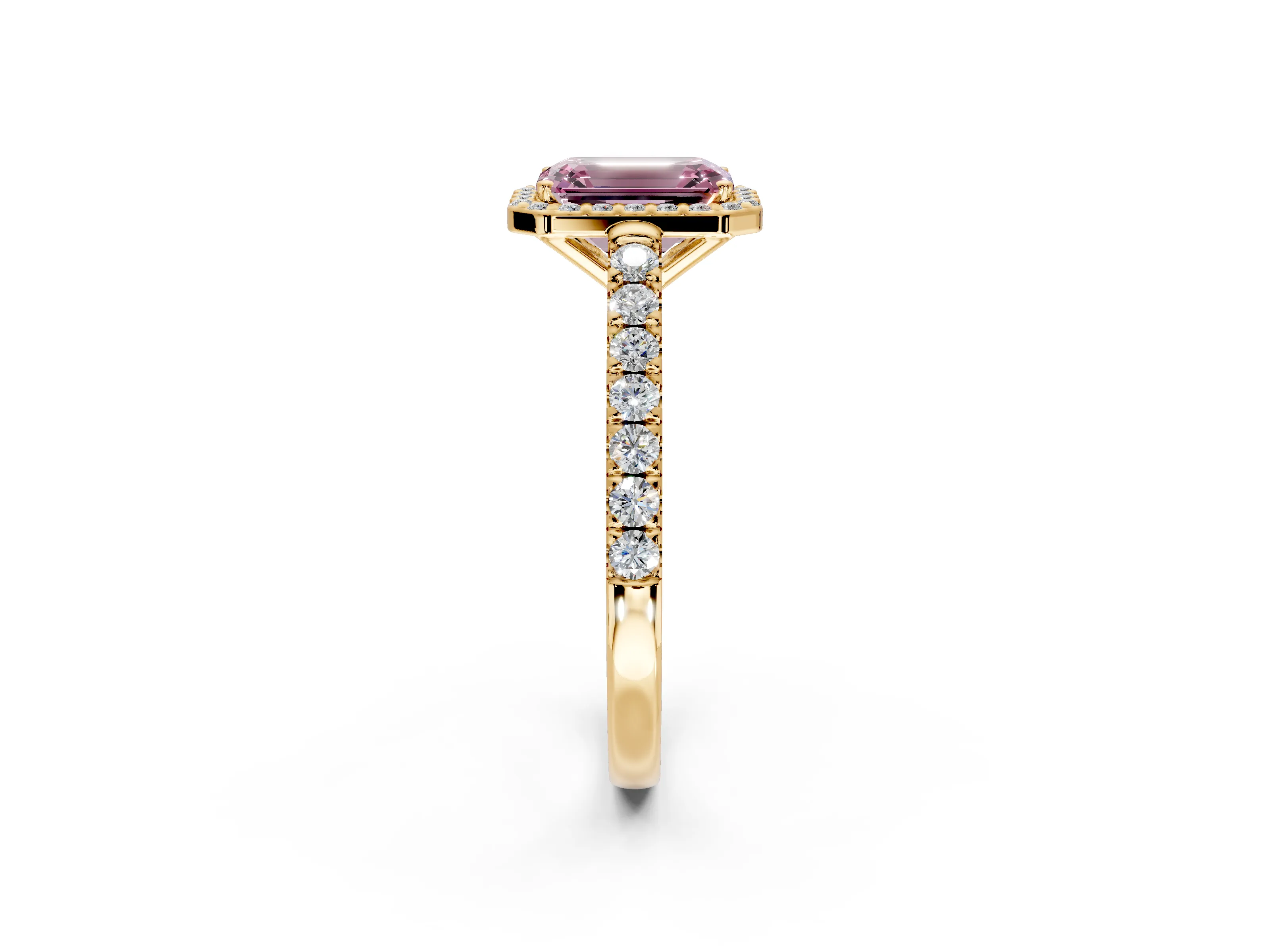 Halo Engagement Ring Setting for Fancy Pink Emerald Cut Center with Full Pave Band and Prong Head in Yellow Gold