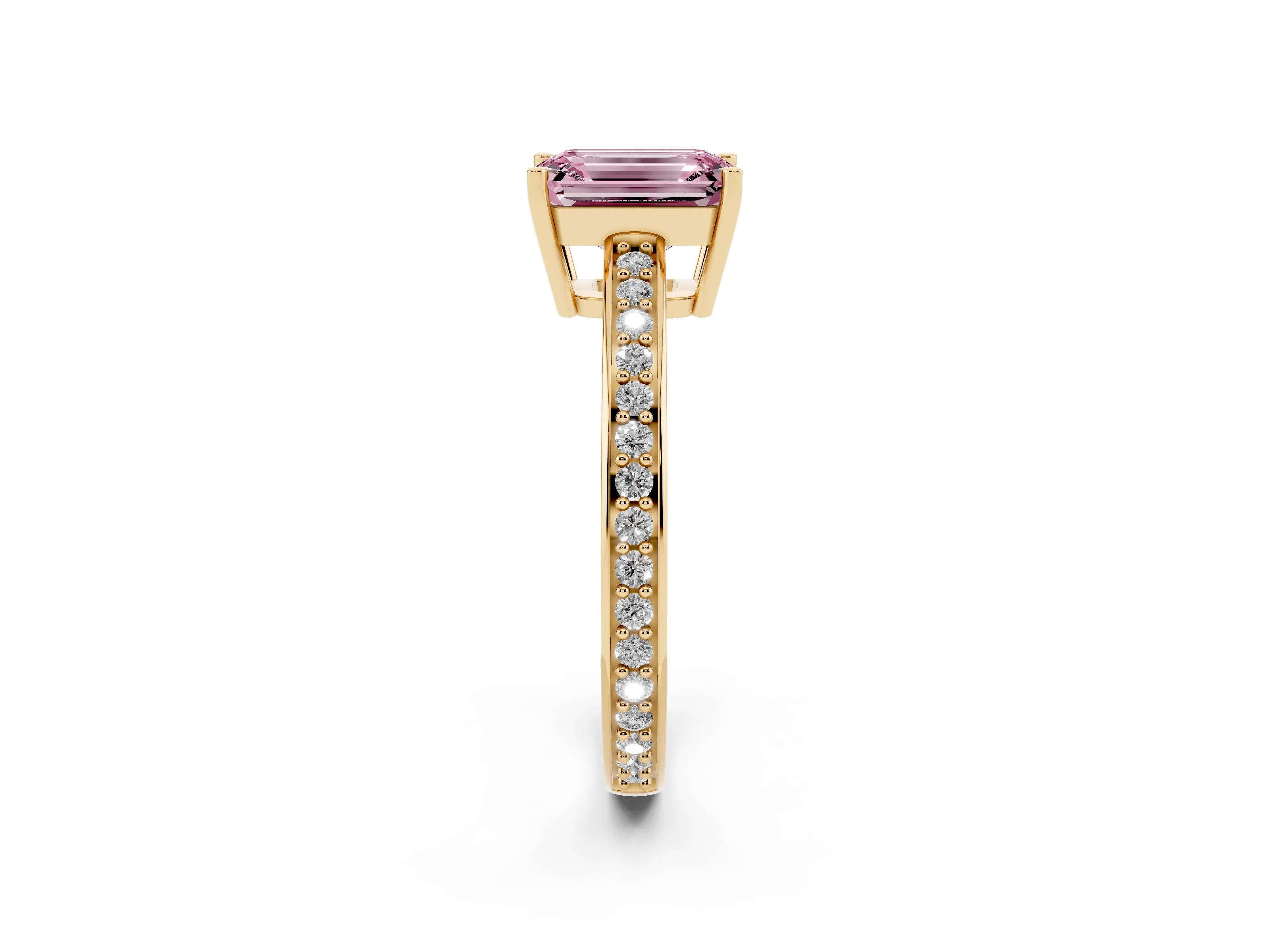Fancy Pink Emerald Cut Diamond Pavé Band Prong Set Solitaire Ring Set in Yellow gold