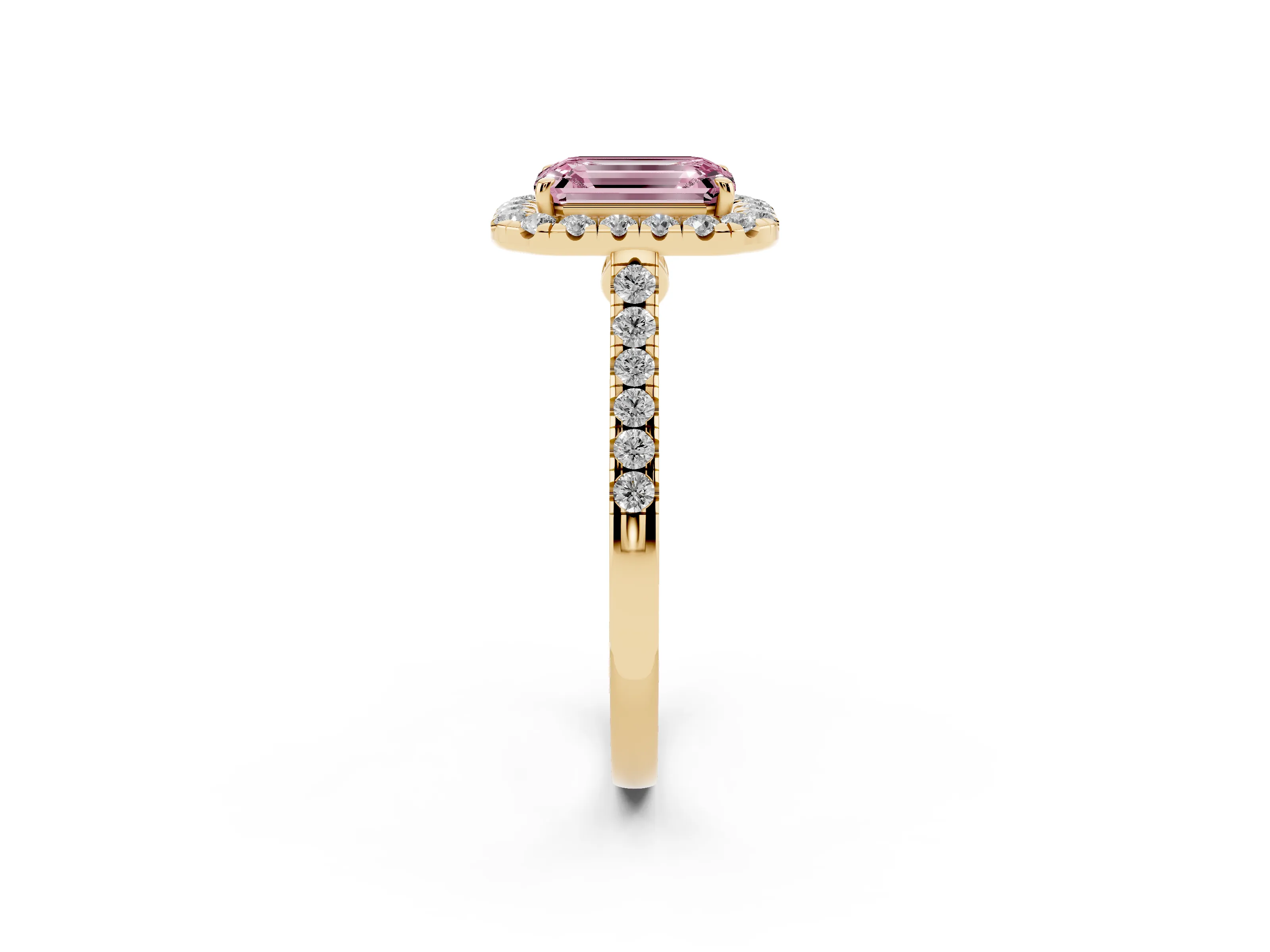 Fancy Pink Emerald Cut Diamond Halo Pavé Engagement Ring Set in Yellow gold with Prong Setting