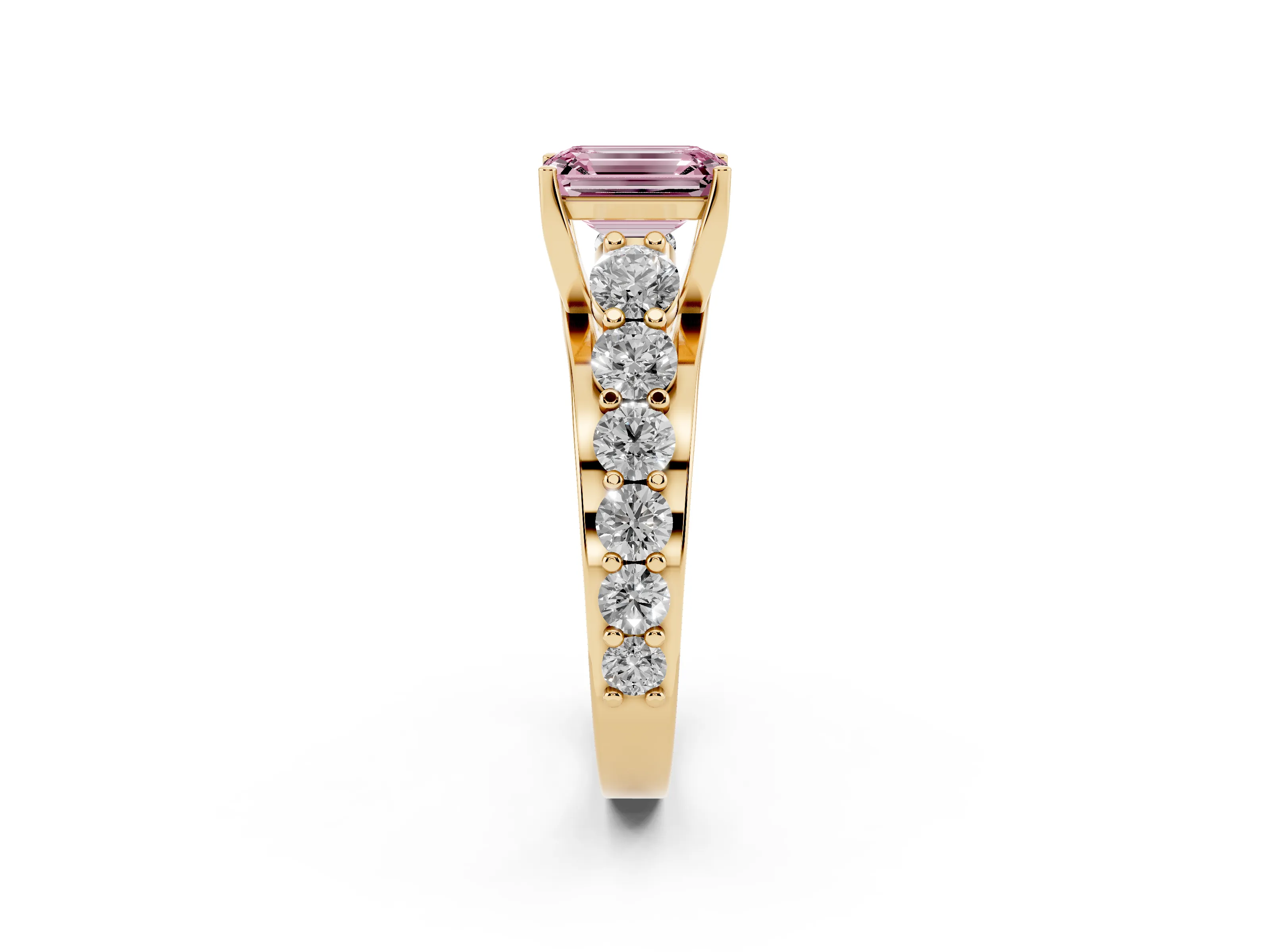 Fancy Pink Emerald Cut Diamond Pavé Engagement Ring Set in Yellow gold with Prong Setting