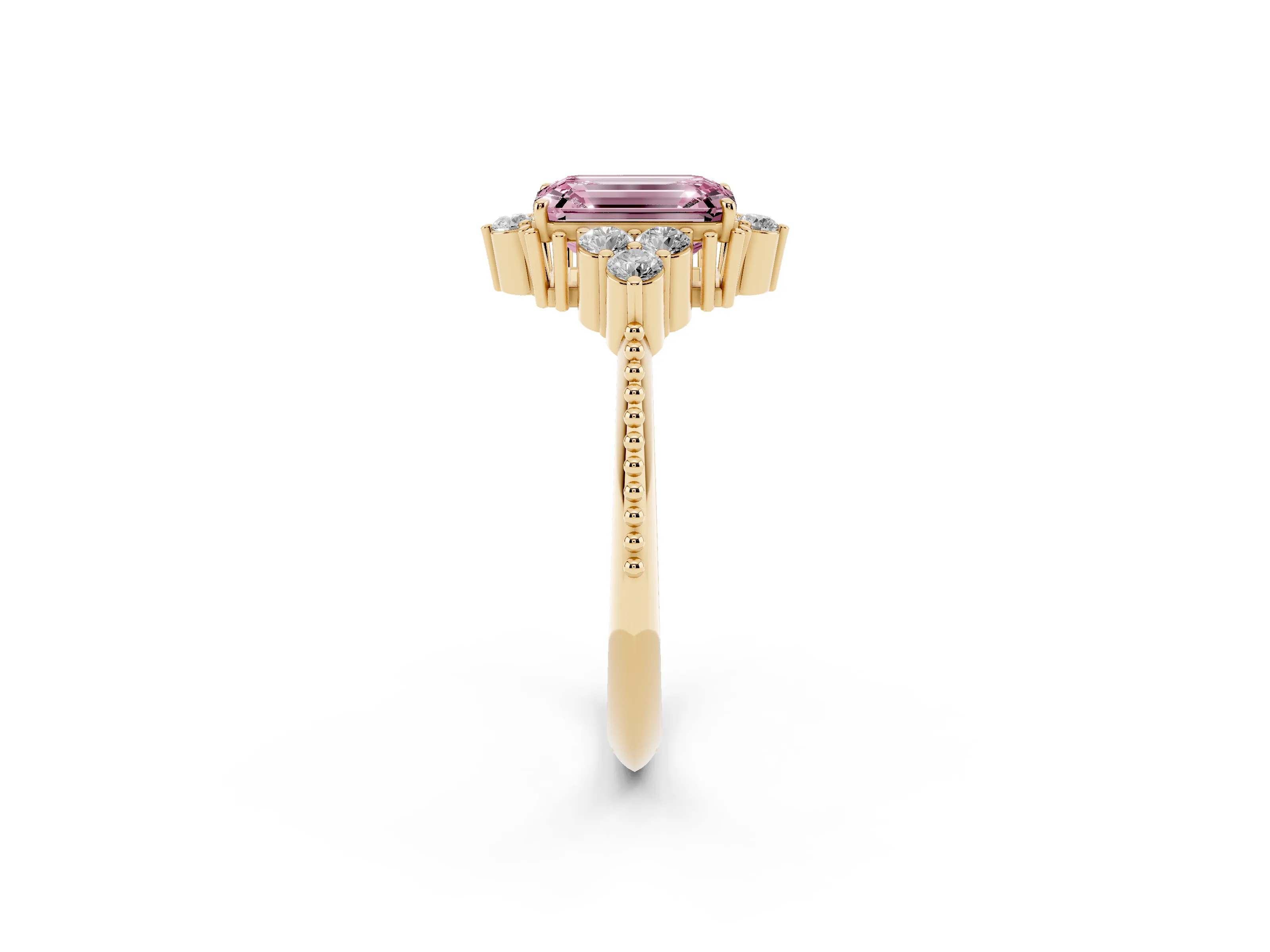 Fancy Pink Emerald Cut Diamond Cluster Ring Set in Yellow gold with Beaded Band