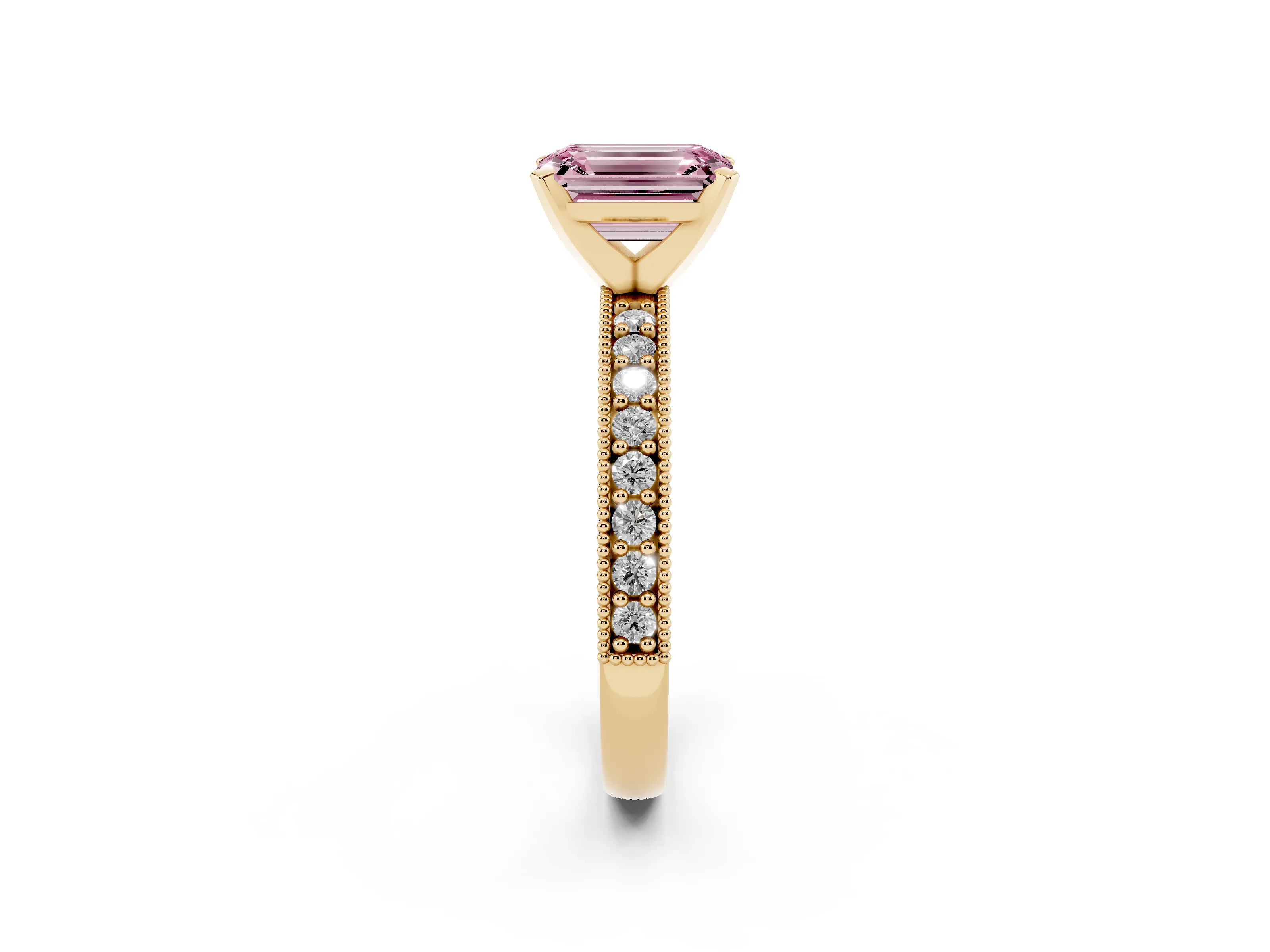 Fancy Pink Emerald Cut Diamond Milgrain Pavé Engagement Ring Set in Yellow gold with Prong Setting