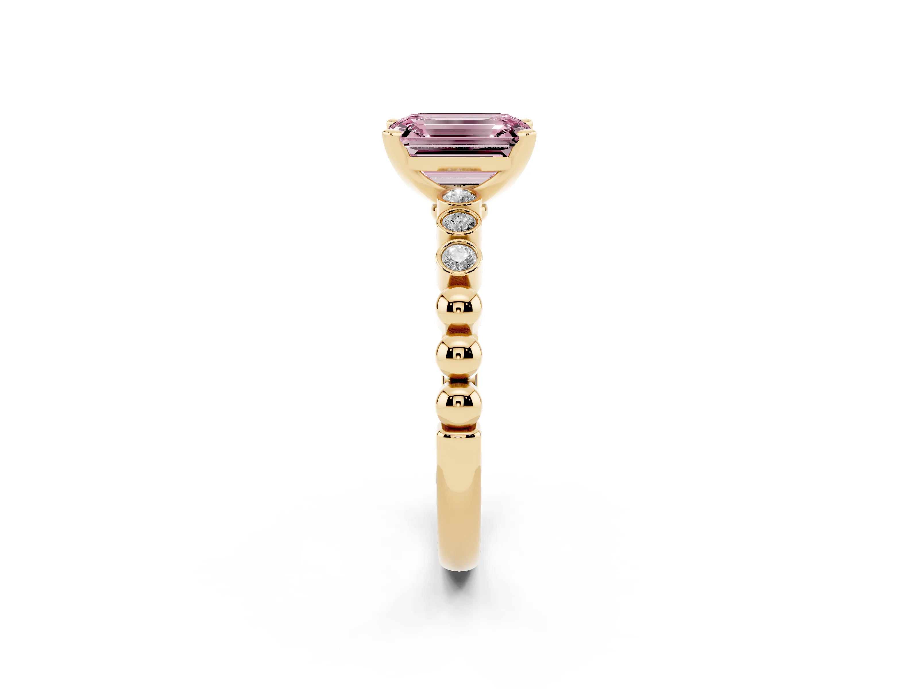 Fancy Pink Emerald Cut Diamond Solitaire Engagement Ring Set in Yellow gold with Bezel Accents on Beaded Band