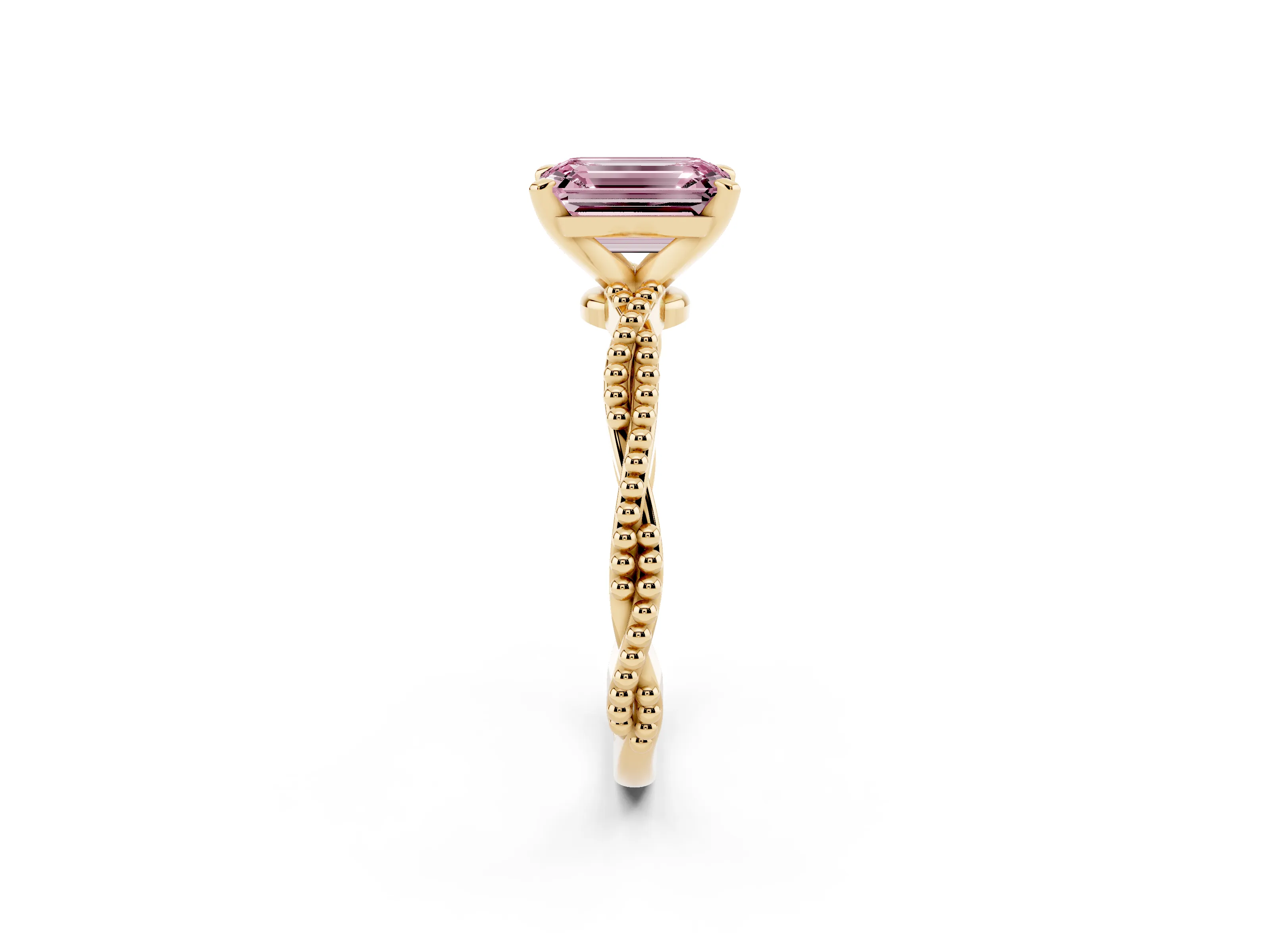Fancy Pink Emerald Cut Diamond Solitaire Ring Set in Yellow gold with Twisted Band and Bead Prong Setting