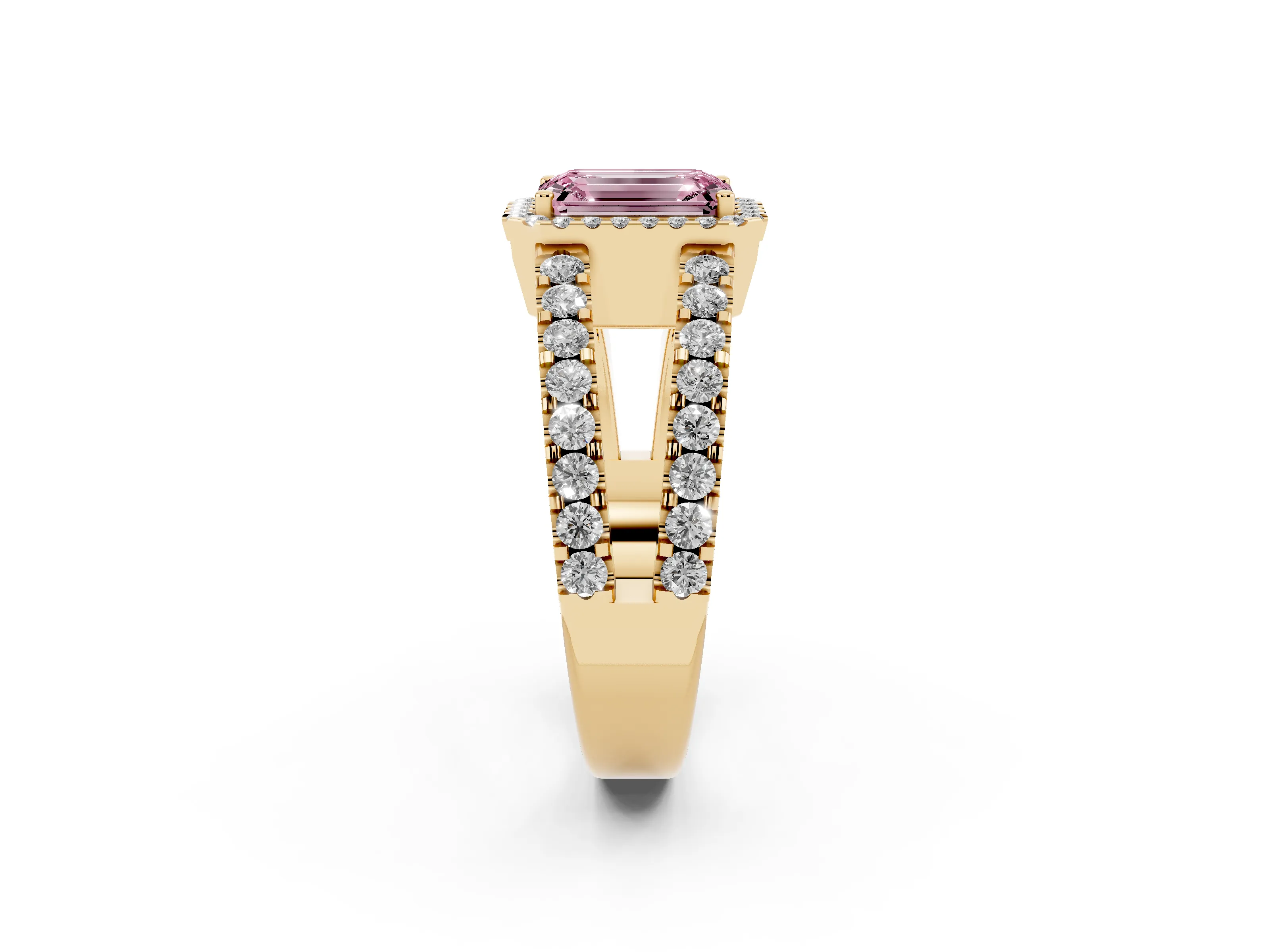 Fancy Pink Emerald Cut Diamond Halo Ring Set in Yellow gold with Pavé Split Shank and Prong Setting