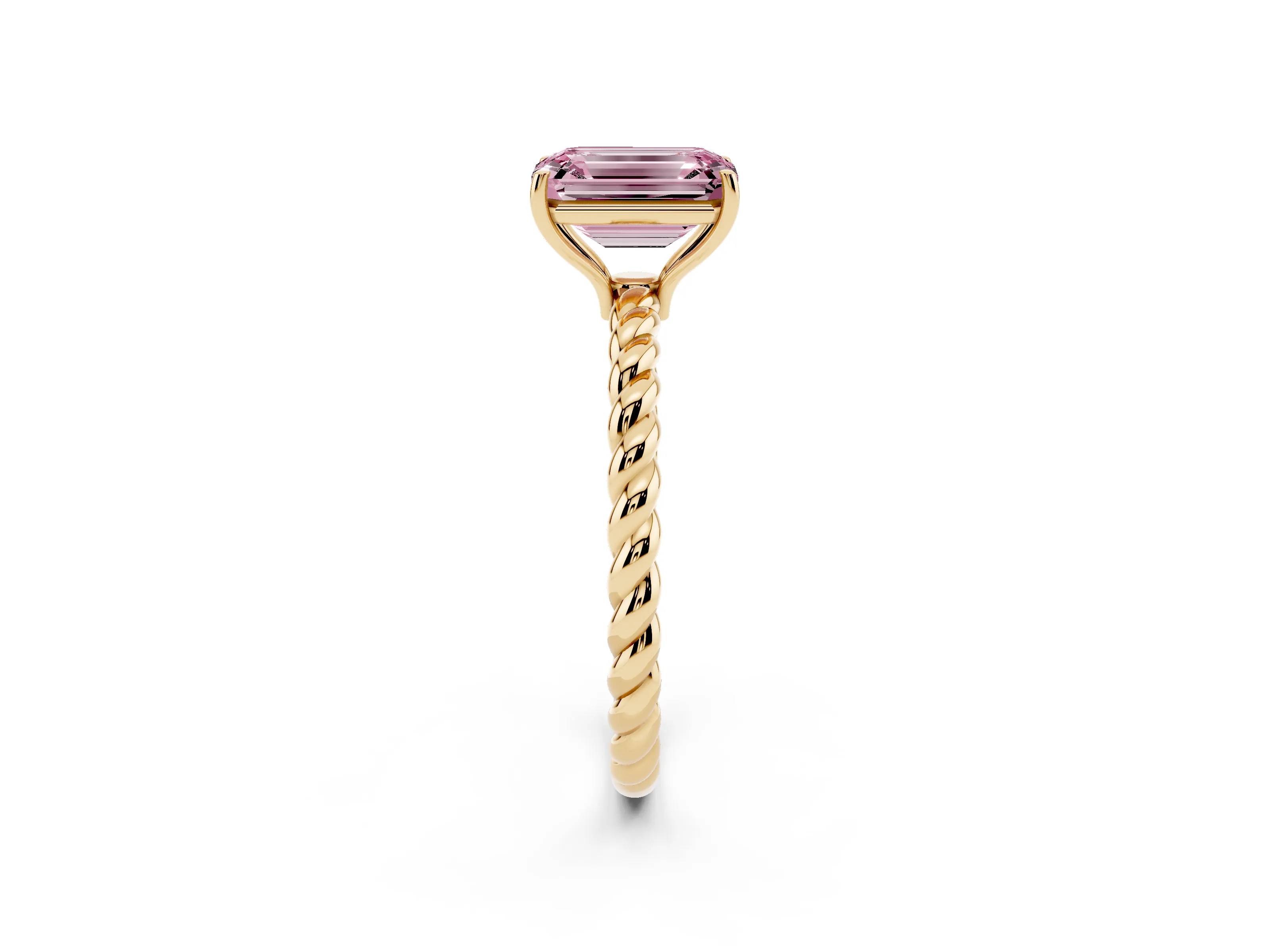 Fancy Pink Emerald Cut Diamond Solitaire Ring Set in Yellow gold with Twist Band and Prong Setting