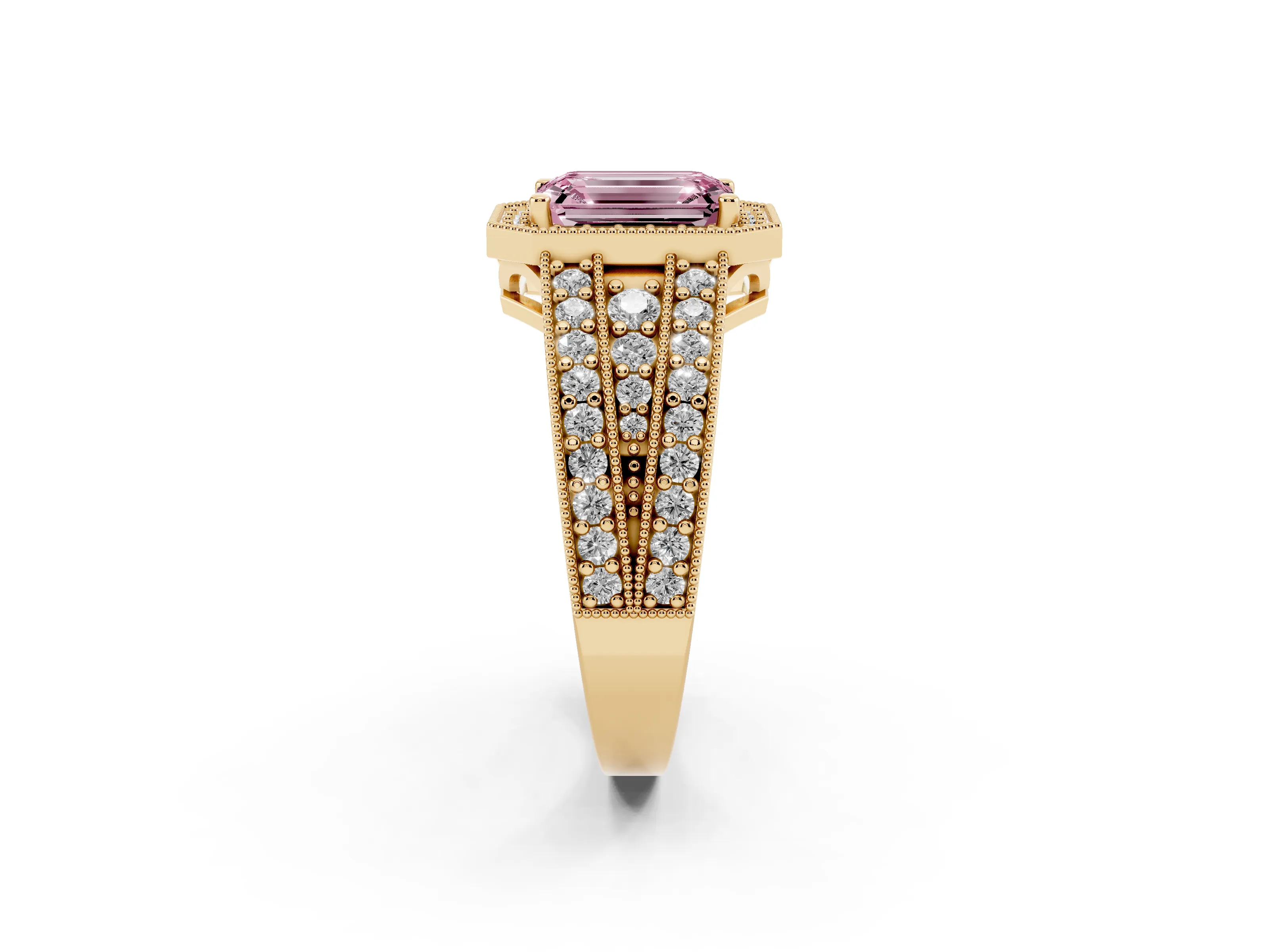 Fancy Pink Emerald Cut Diamond Halo Ring Set in Yellow gold with Accent Split Shank and Prong Setting