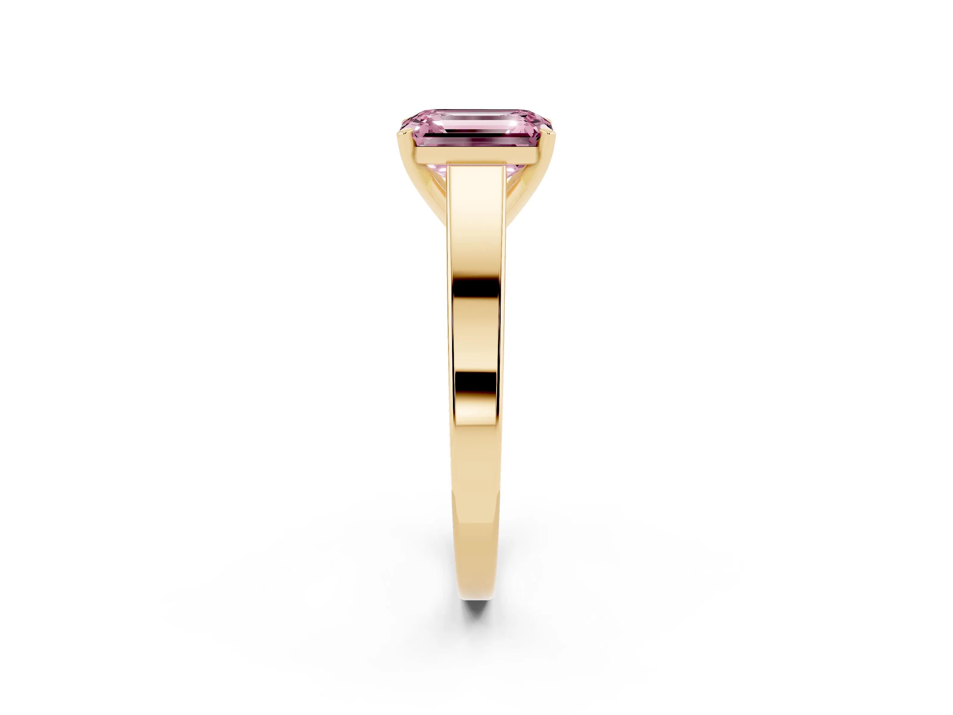 Fancy Pink Emerald Cut Diamond Solitaire Engagement Ring Set in Yellow gold with Prong Setting and Tapered Band