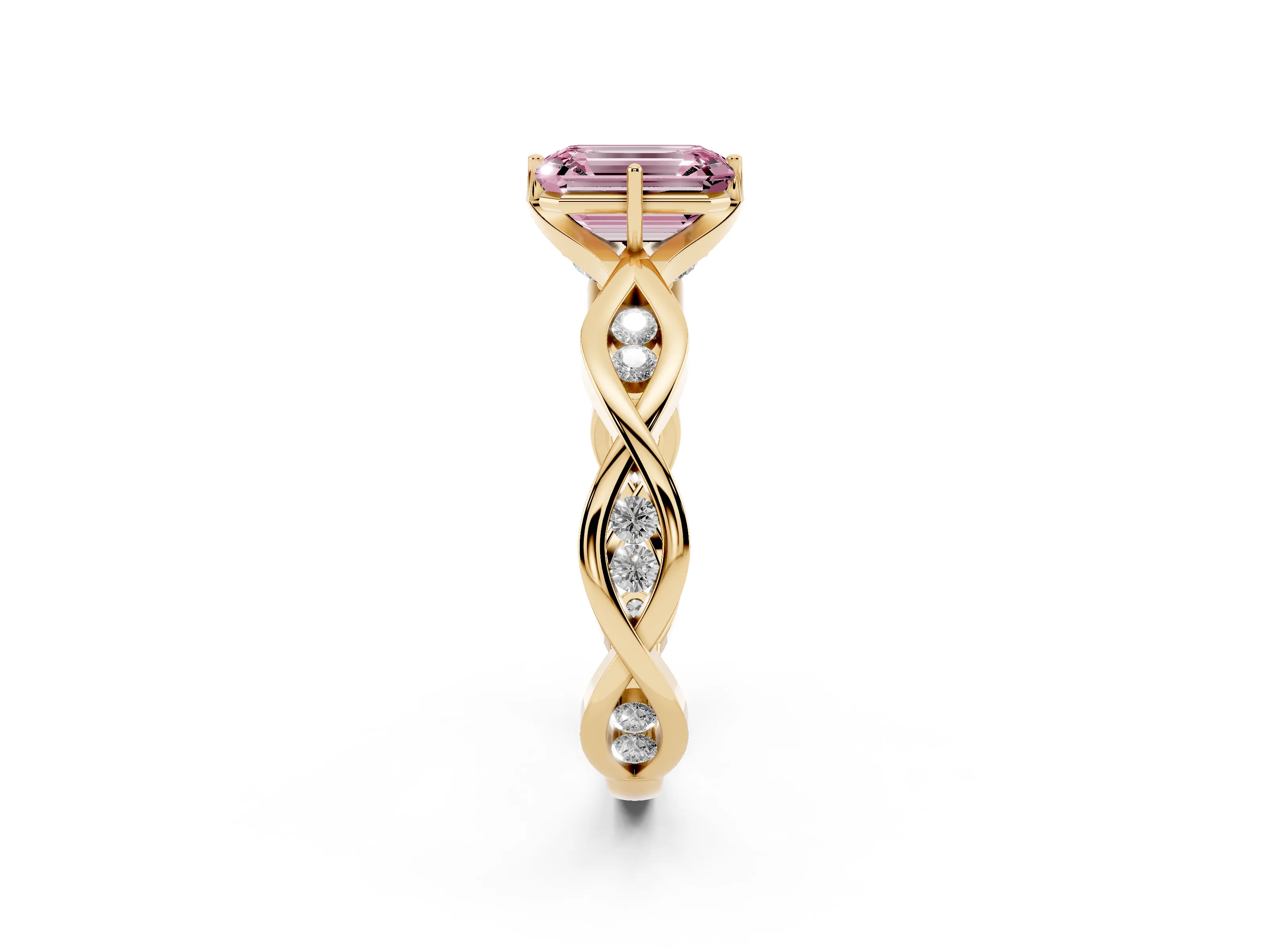 Fancy Pink Emerald Cut Diamond Twist Band Solitaire Ring Set in Yellow gold with Leaf Prong Setting and Accent Stones