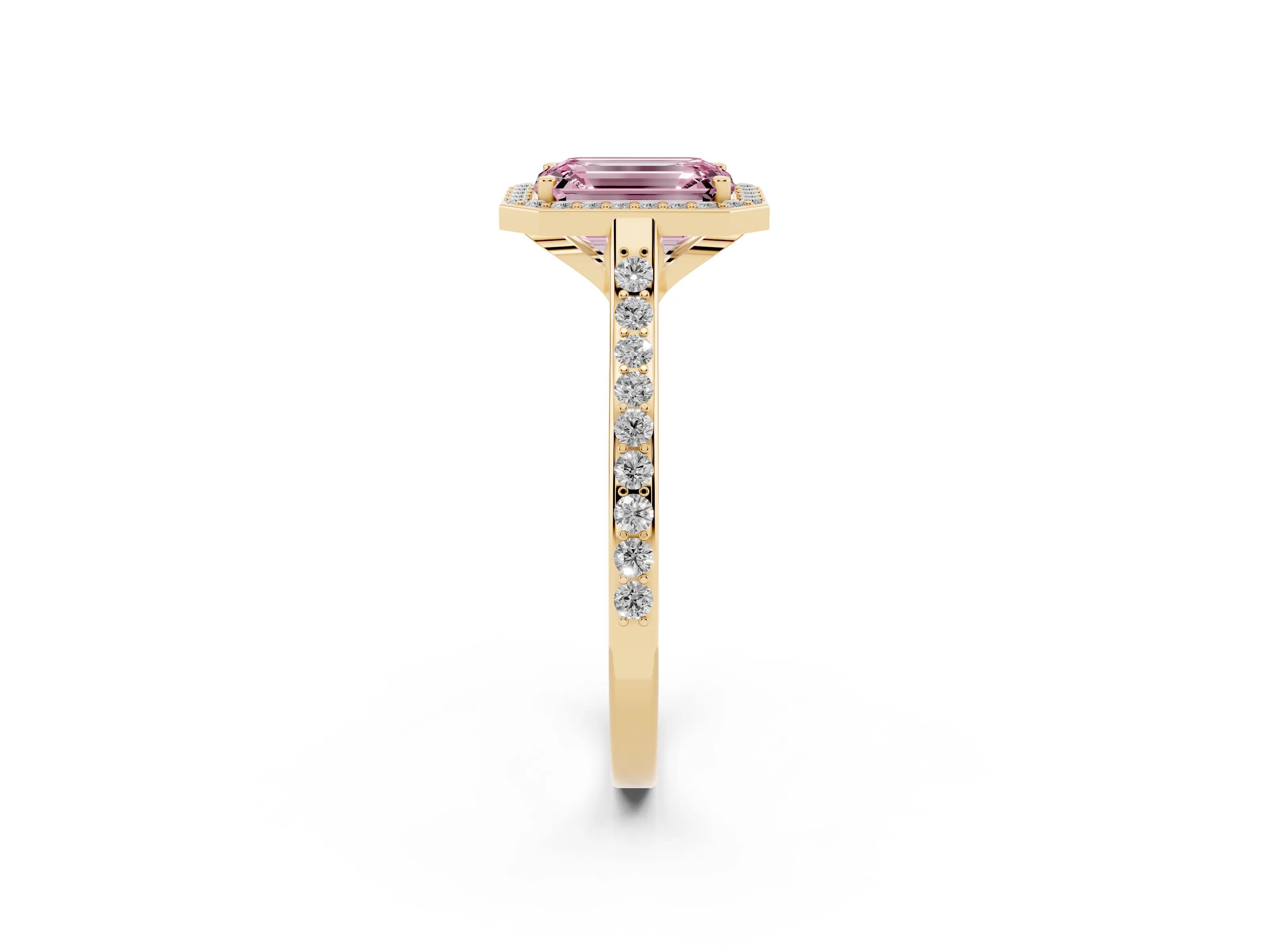 Fancy Pink Emerald Cut Diamond Halo Engagement Ring Set in Yellow gold with Round Pavé Shoulders and Heart Gallery