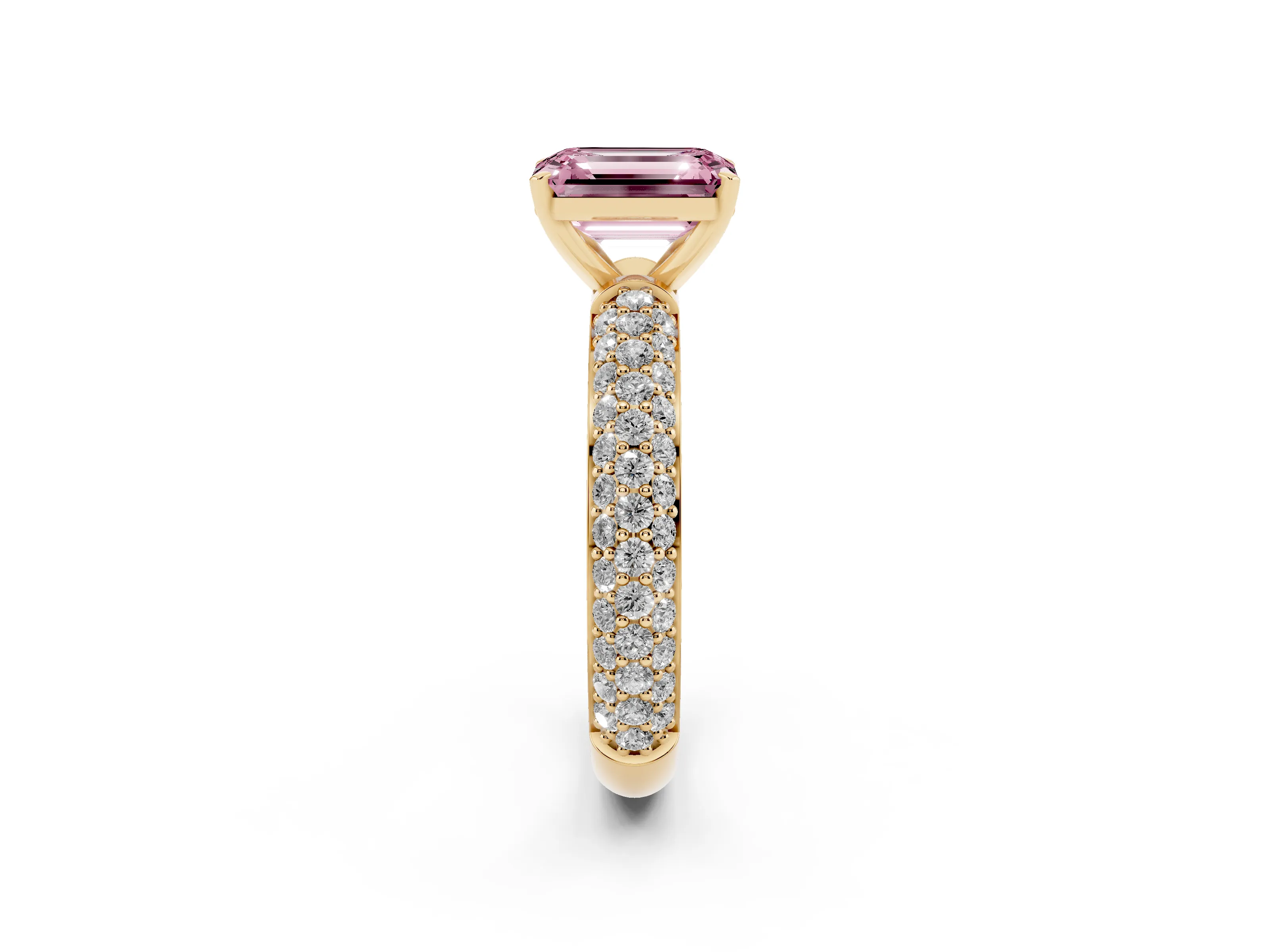 Fancy Pink Emerald Cut Diamond Solitaire Ring Set in Yellow gold with Prong Setting and Pavé-Set Band