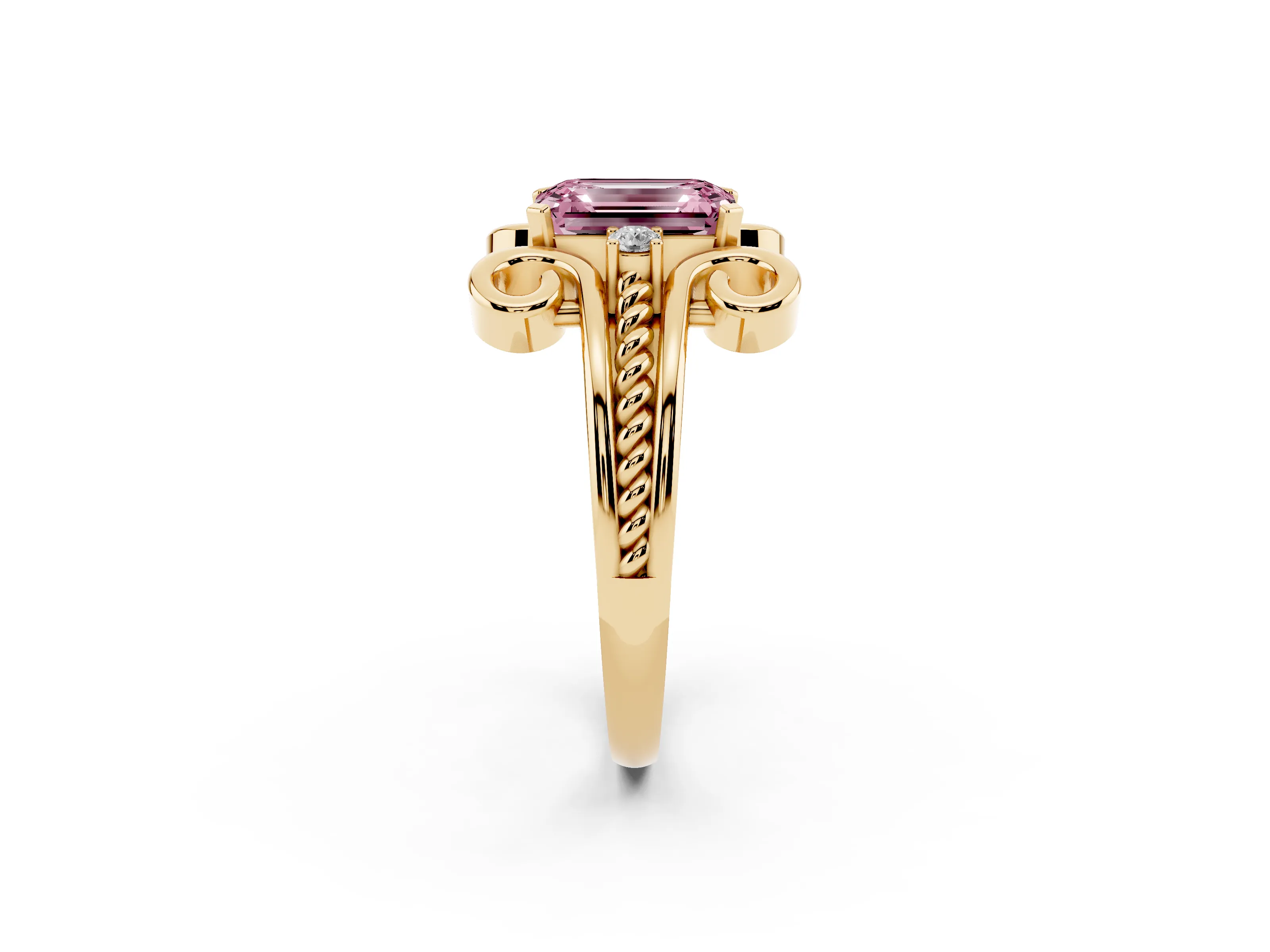 Fancy Pink Emerald Cut Diamond Twisted Band Solitaire Ring Set in Yellow gold with Scroll Prongs