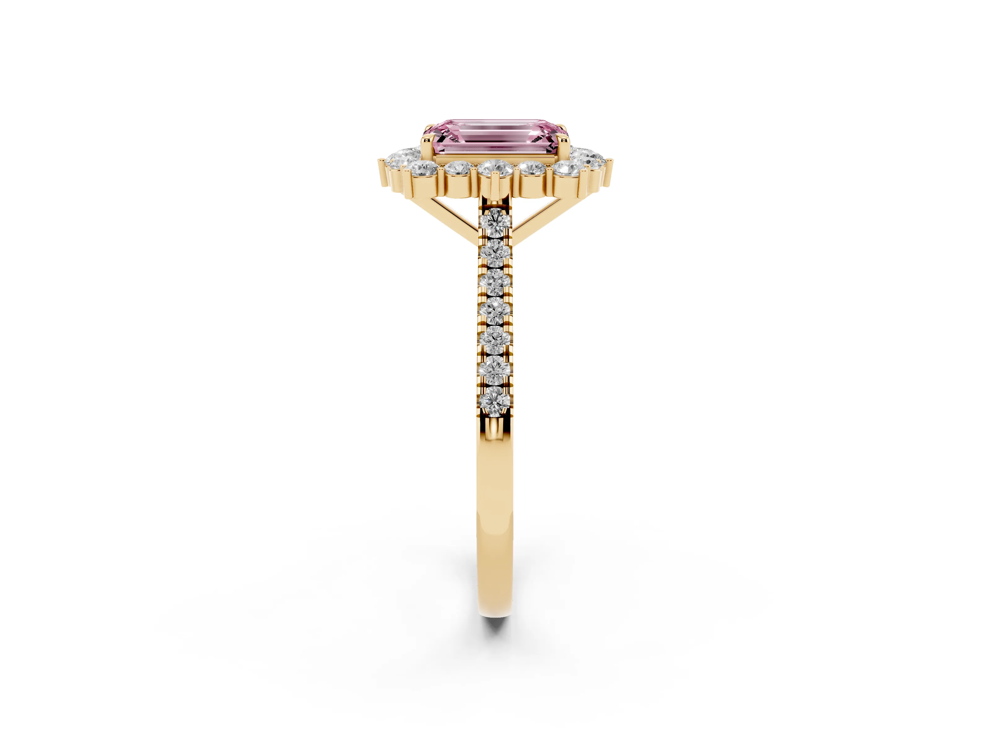 Fancy Pink Emerald Cut Diamond Halo Ring Set in Yellow gold with Pavé Band and Prong Setting