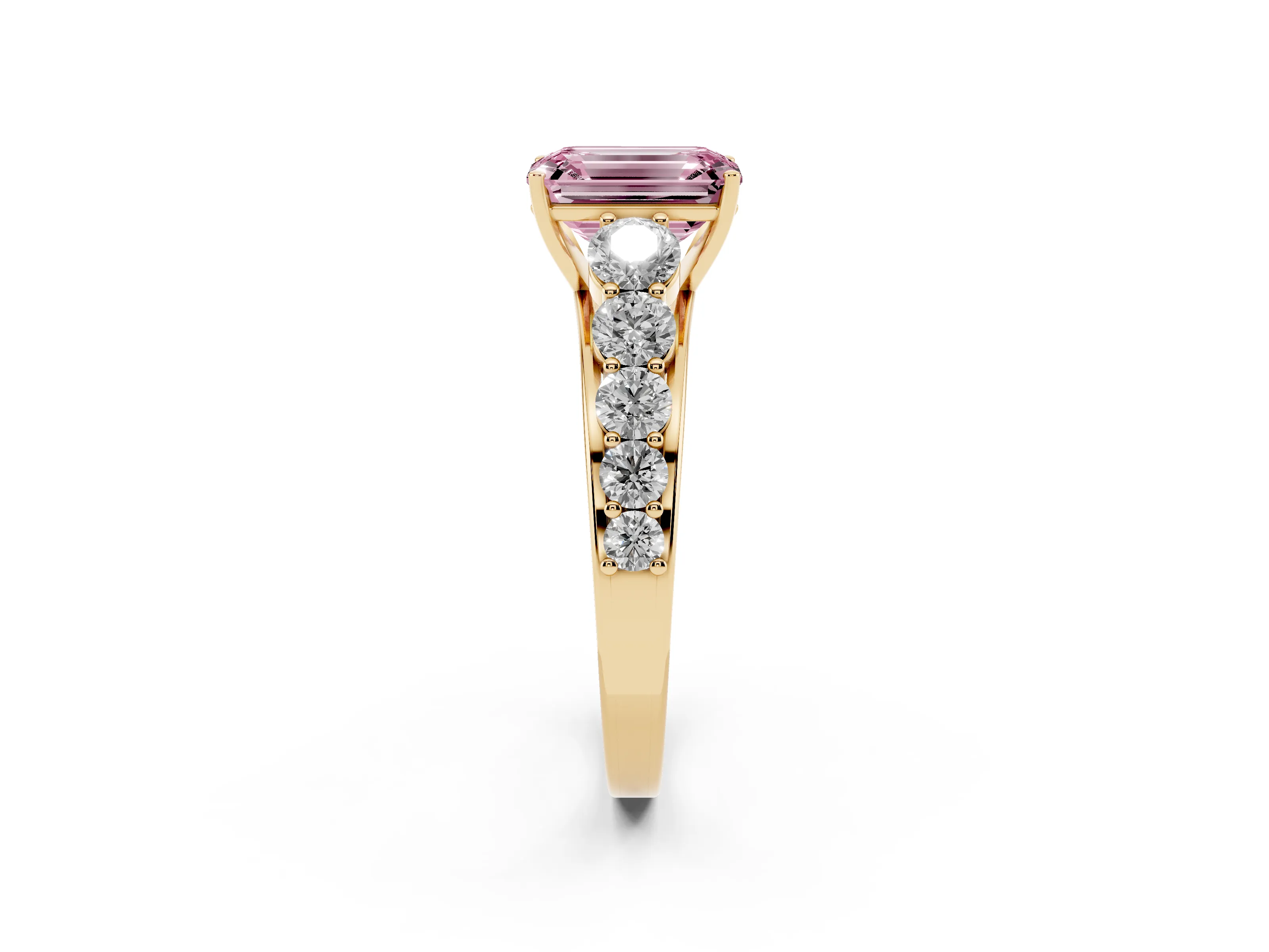 Fancy Pink Emerald Cut Diamond Solitaire Ring Set in Yellow gold with Pavé-Set Band and Prong Setting