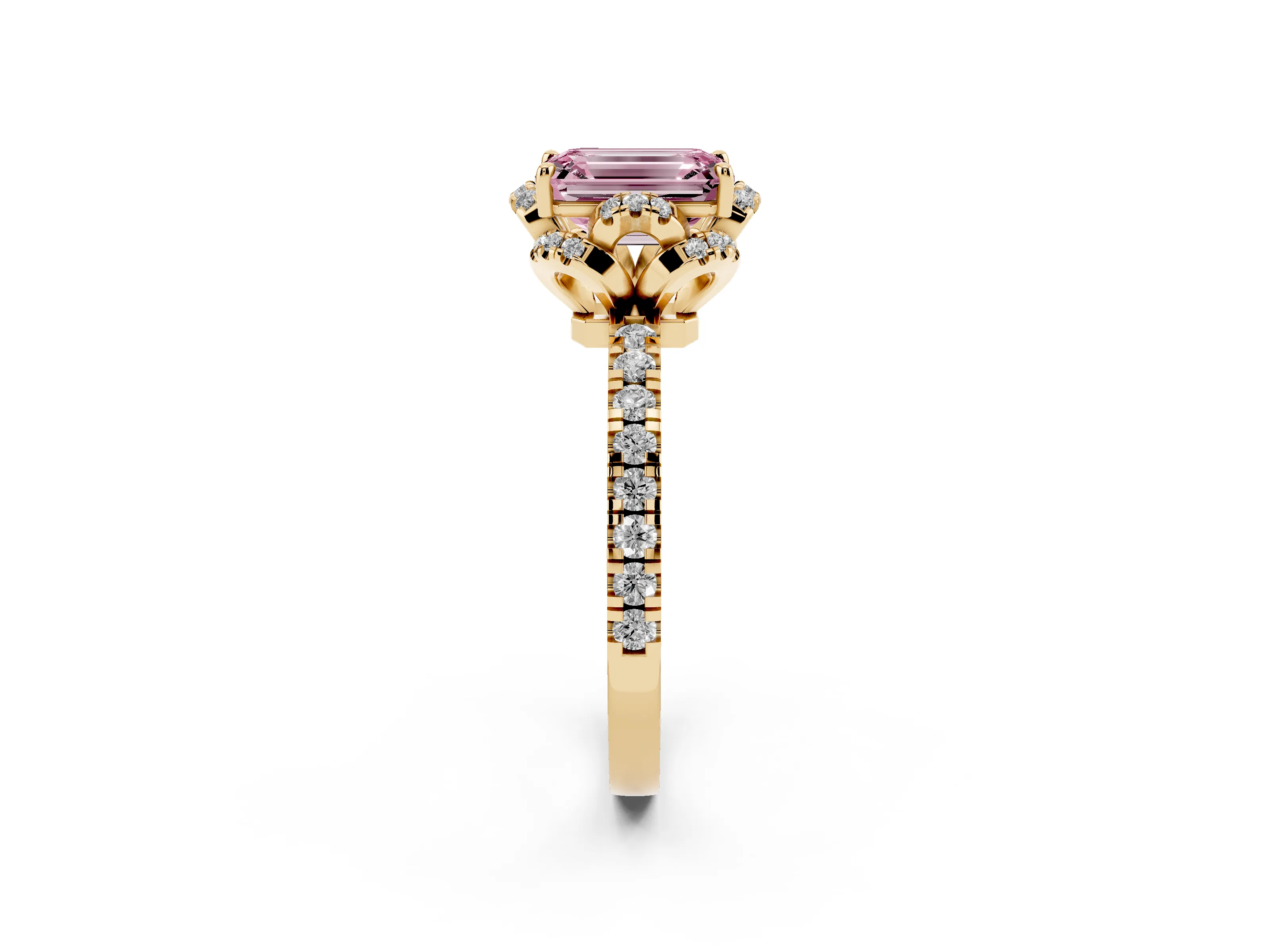 Fancy Pink Emerald Cut Diamond Halo Pavé Band Ring Set in Yellow gold with Prong-Held Center