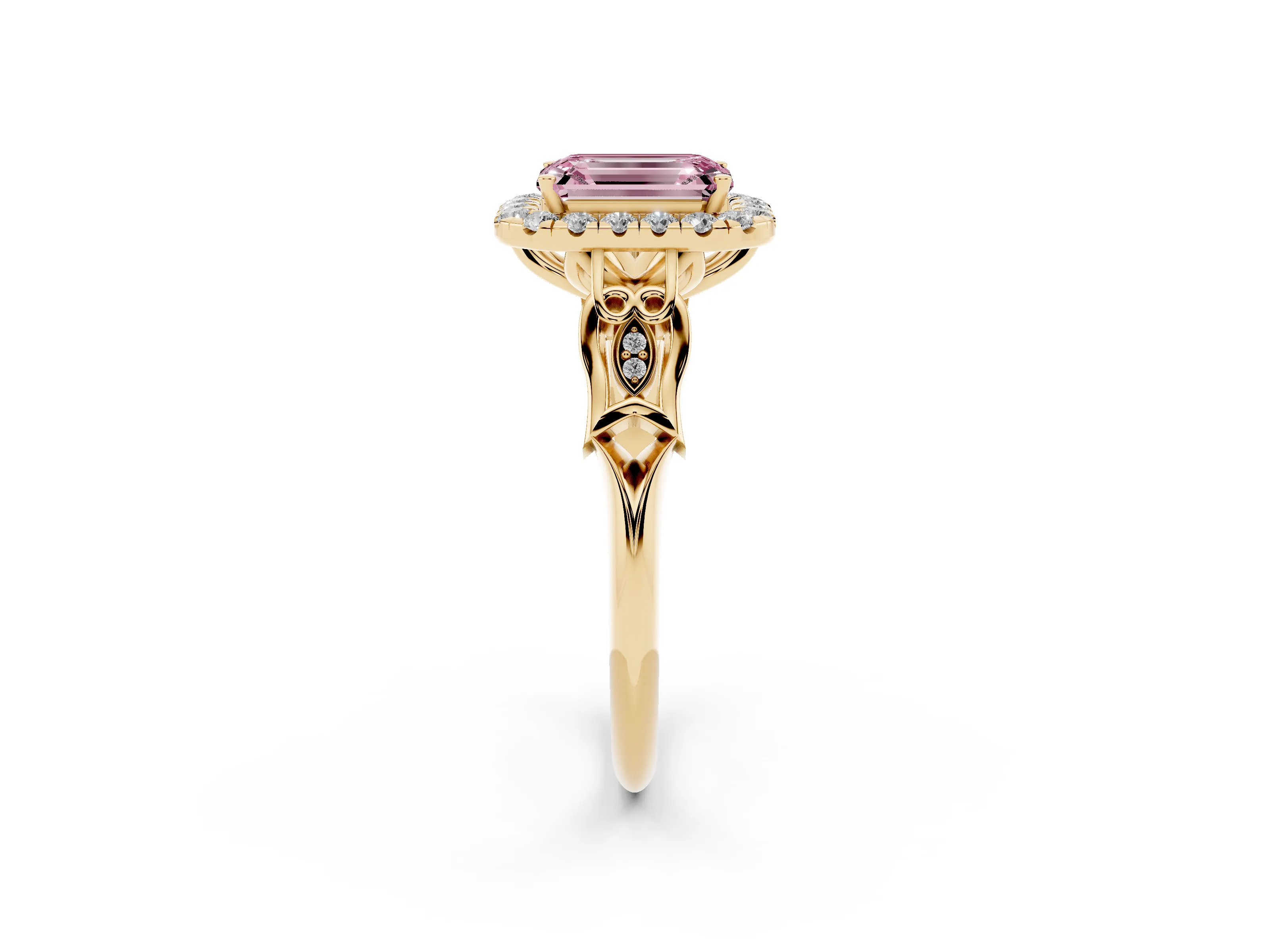 Fancy Pink Emerald Cut Diamond Halo Engagement Ring Set in Yellow gold with Filigree Band and Prong-Set Center