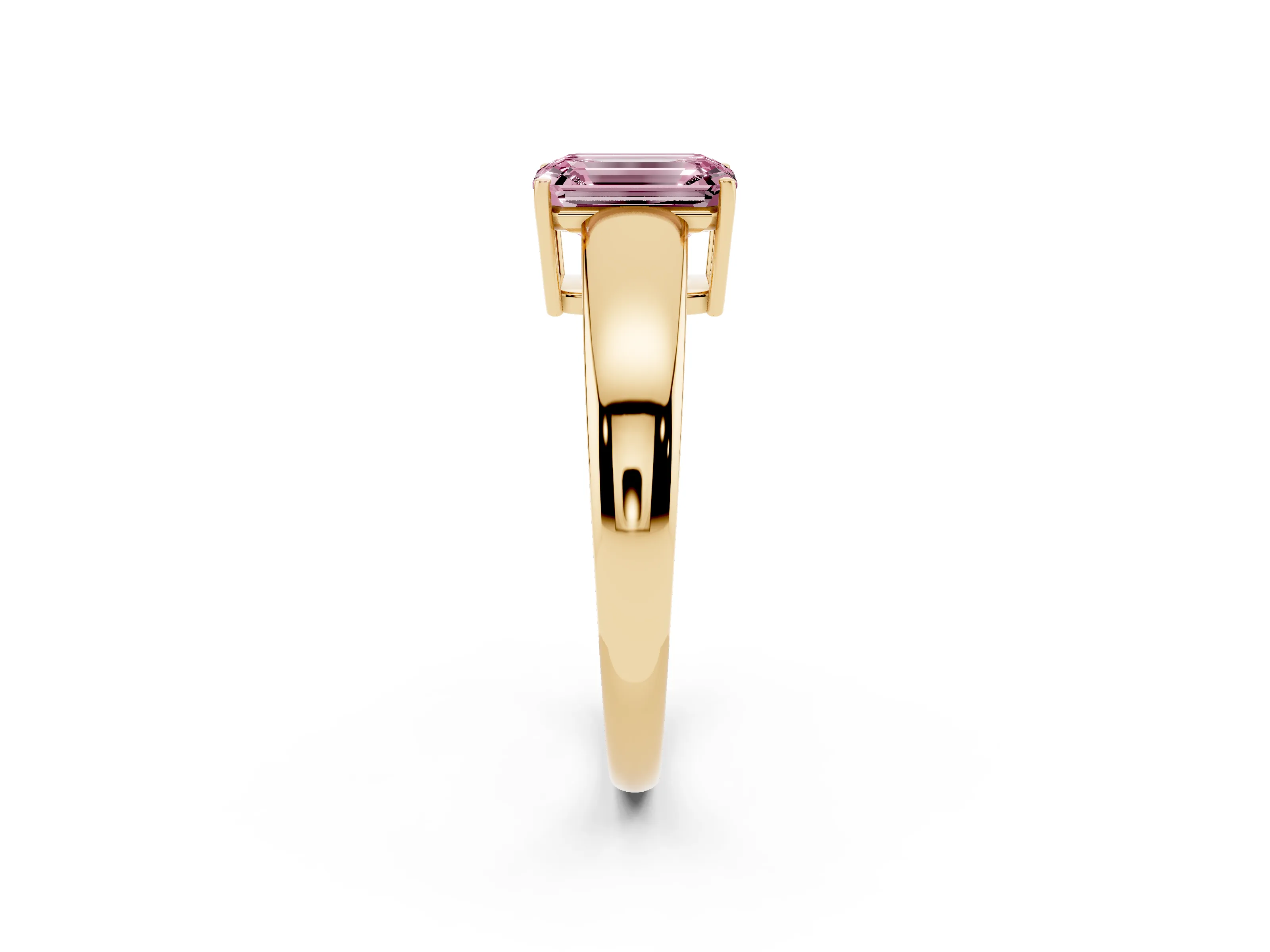 Fancy Pink Emerald Cut Diamond Solitaire Ring Set in Yellow gold with Tapered Band and Prong Setting