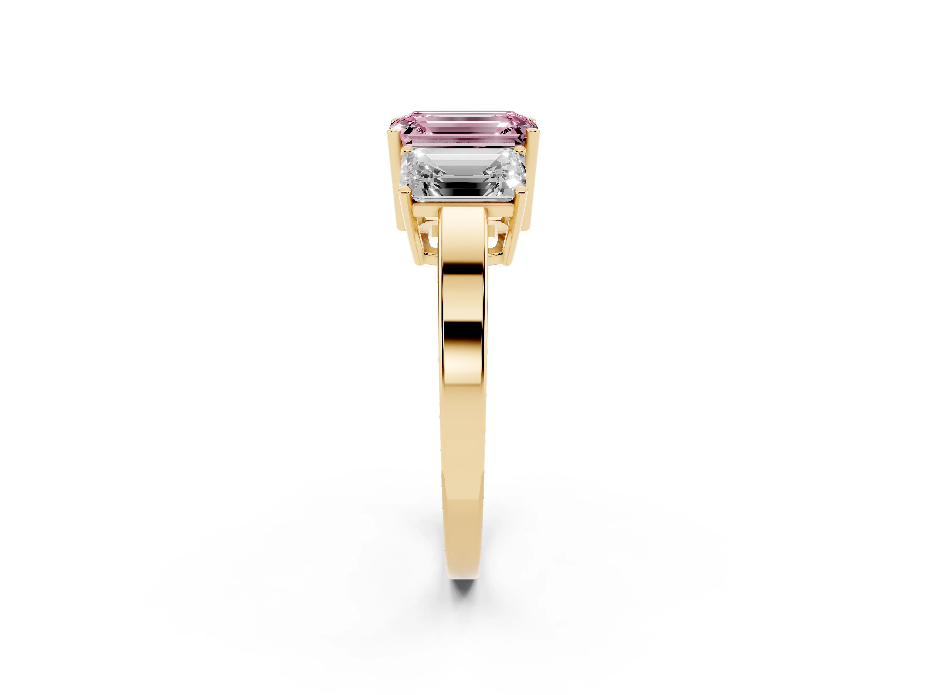 Fancy Pink Emerald Cut Diamond Three-Stone Engagement Ring Set in Yellow gold with Flat Band