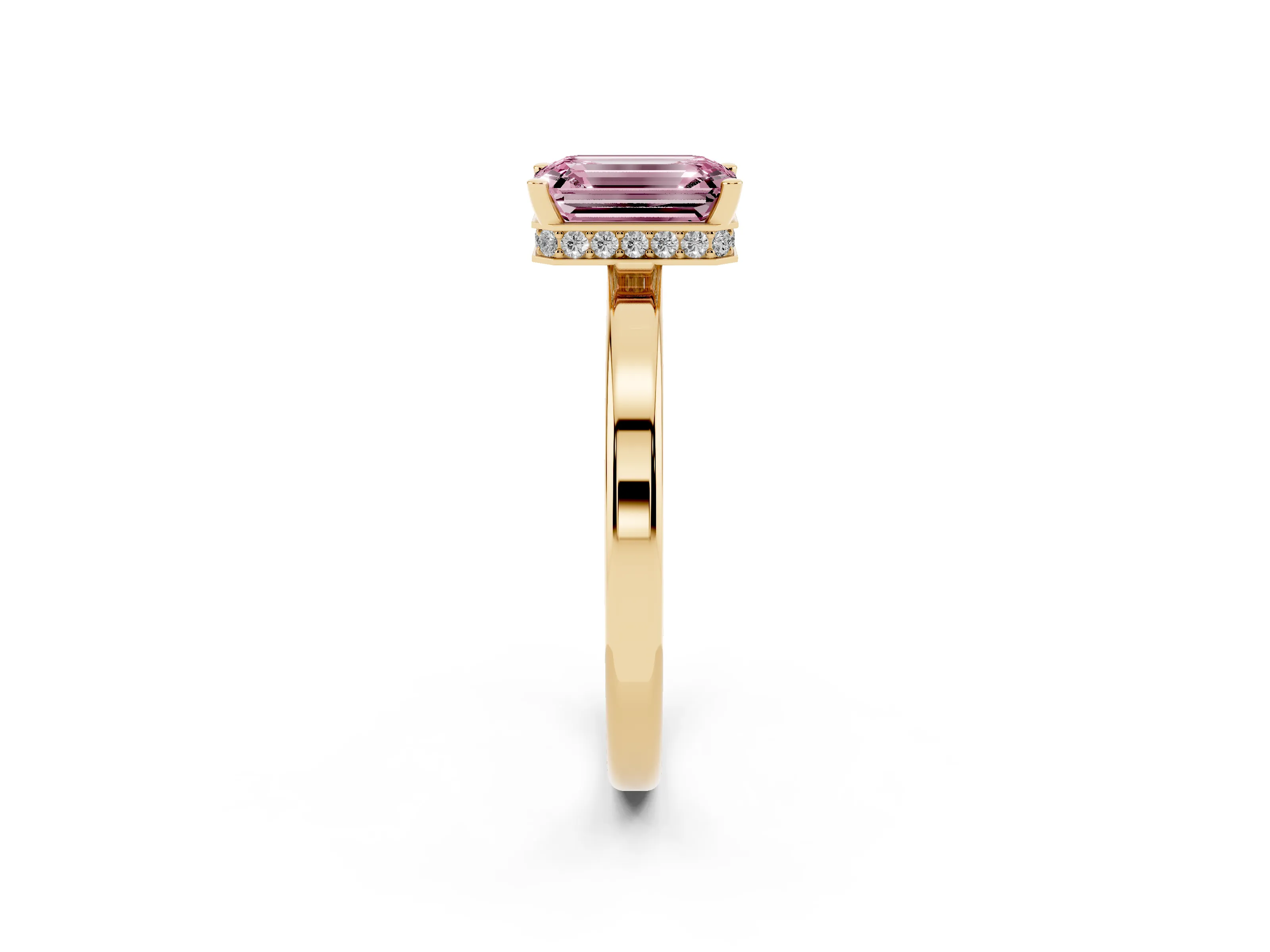 Fancy Pink Emerald Cut Diamond Solitaire Engagement Ring Set in Yellow gold with Prong Setting on a Plain Band