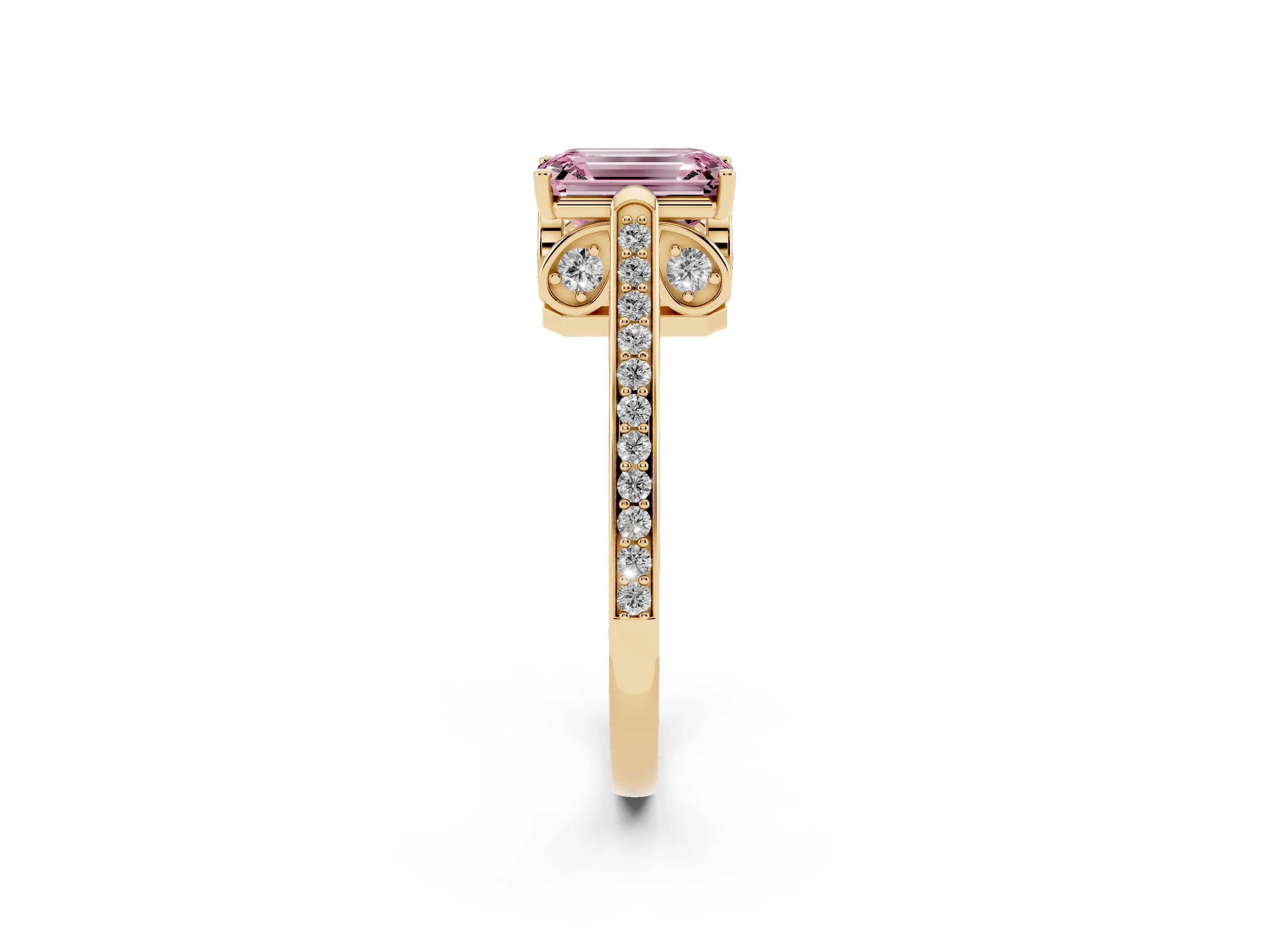 Fancy Pink Emerald Cut Diamond Cathedral Pavé Engagement Ring Set in Yellow gold with Prong Setting