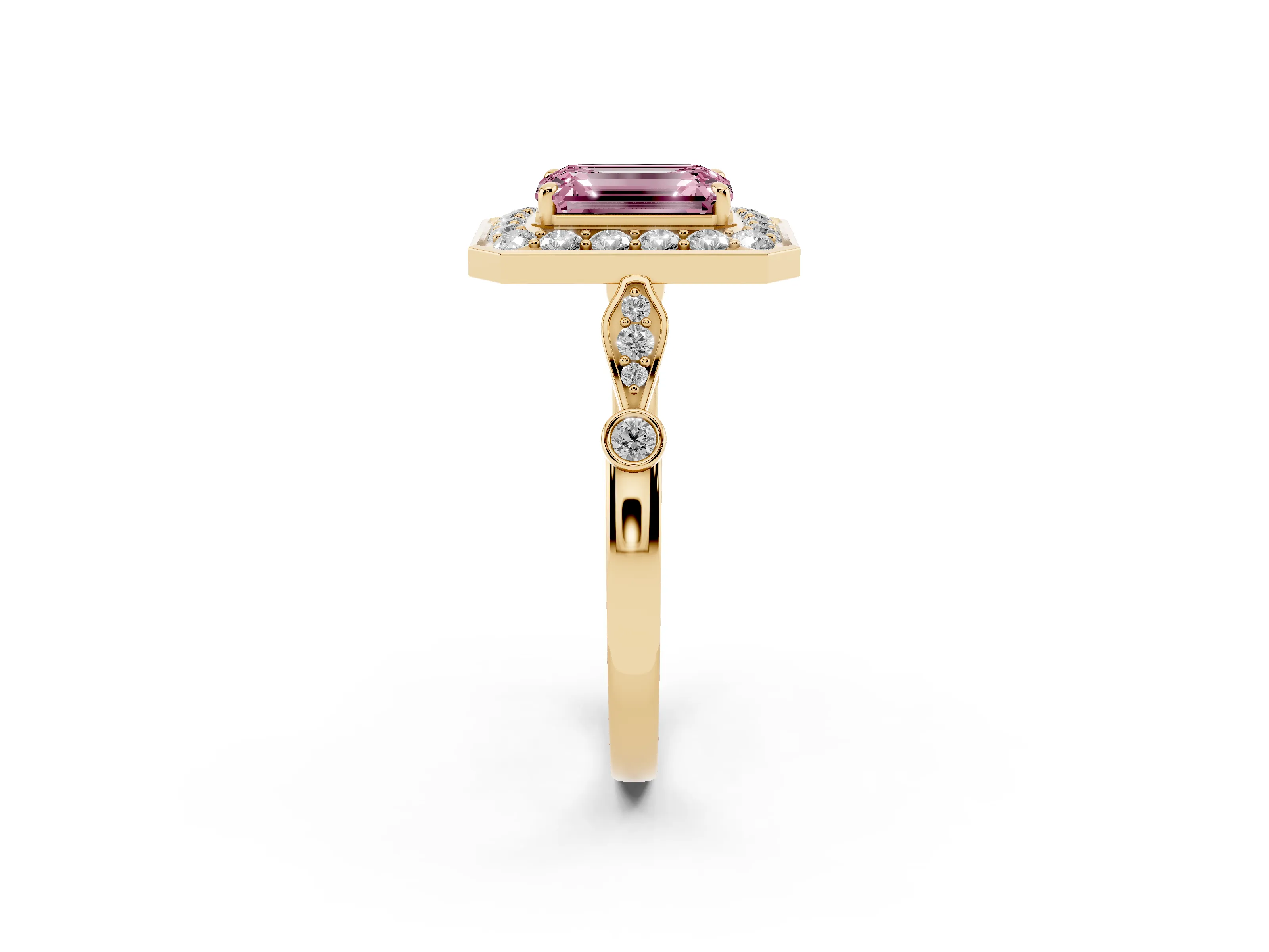 Fancy Pink Emerald Cut Diamond Halo Engagement Ring Set in Yellow gold with Twisted Band and Prong Setting