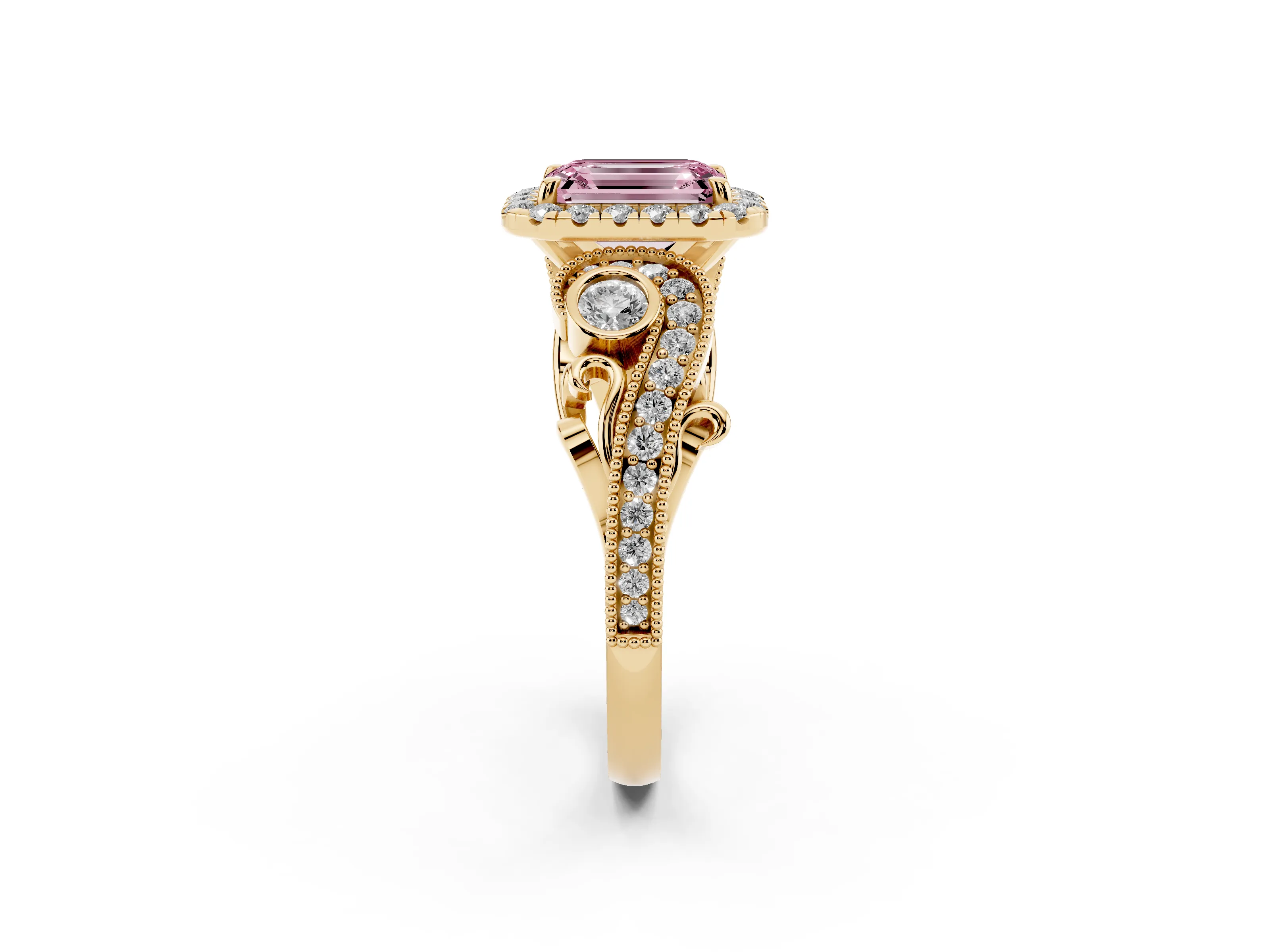 Fancy Pink Emerald Cut Diamond Halo Ring Set in Yellow gold with Milgrain Pavé Band and Prong Setting