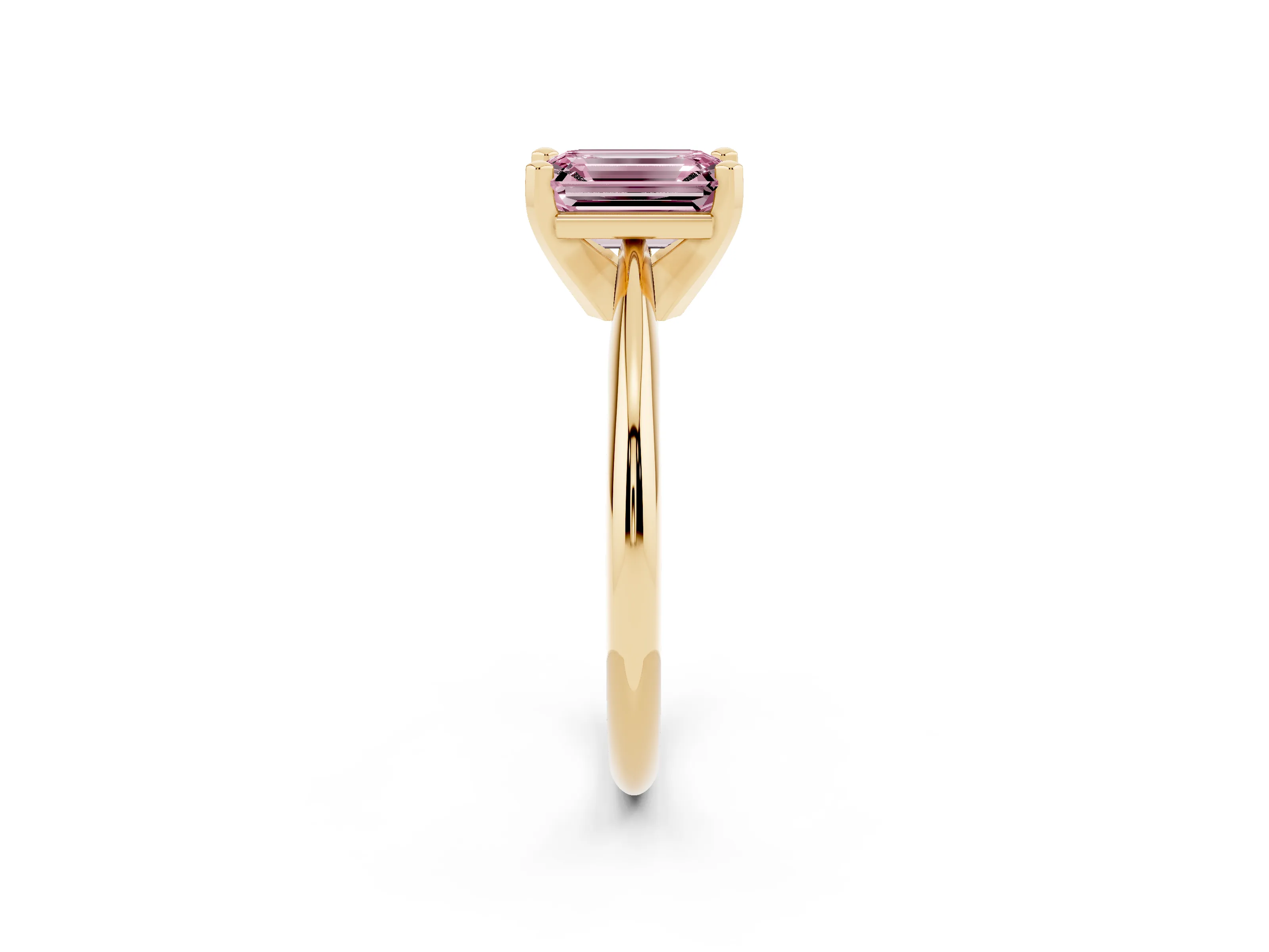 Fancy Pink Emerald Cut Diamond Solitaire Ring Set in Yellow gold with Prong Setting on a Plain Round Band