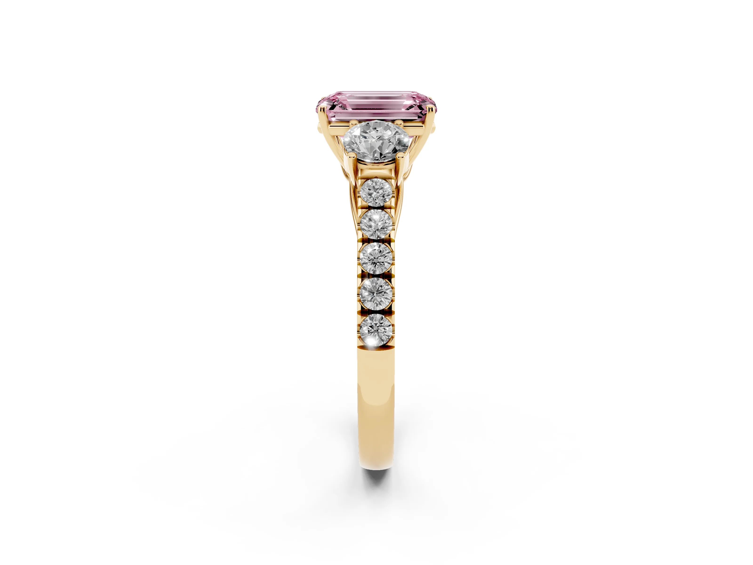 Fancy Pink Emerald Cut Diamond Three-Stone Ring Set in Yellow gold with Round Side Stones and Delicate Pavé Band