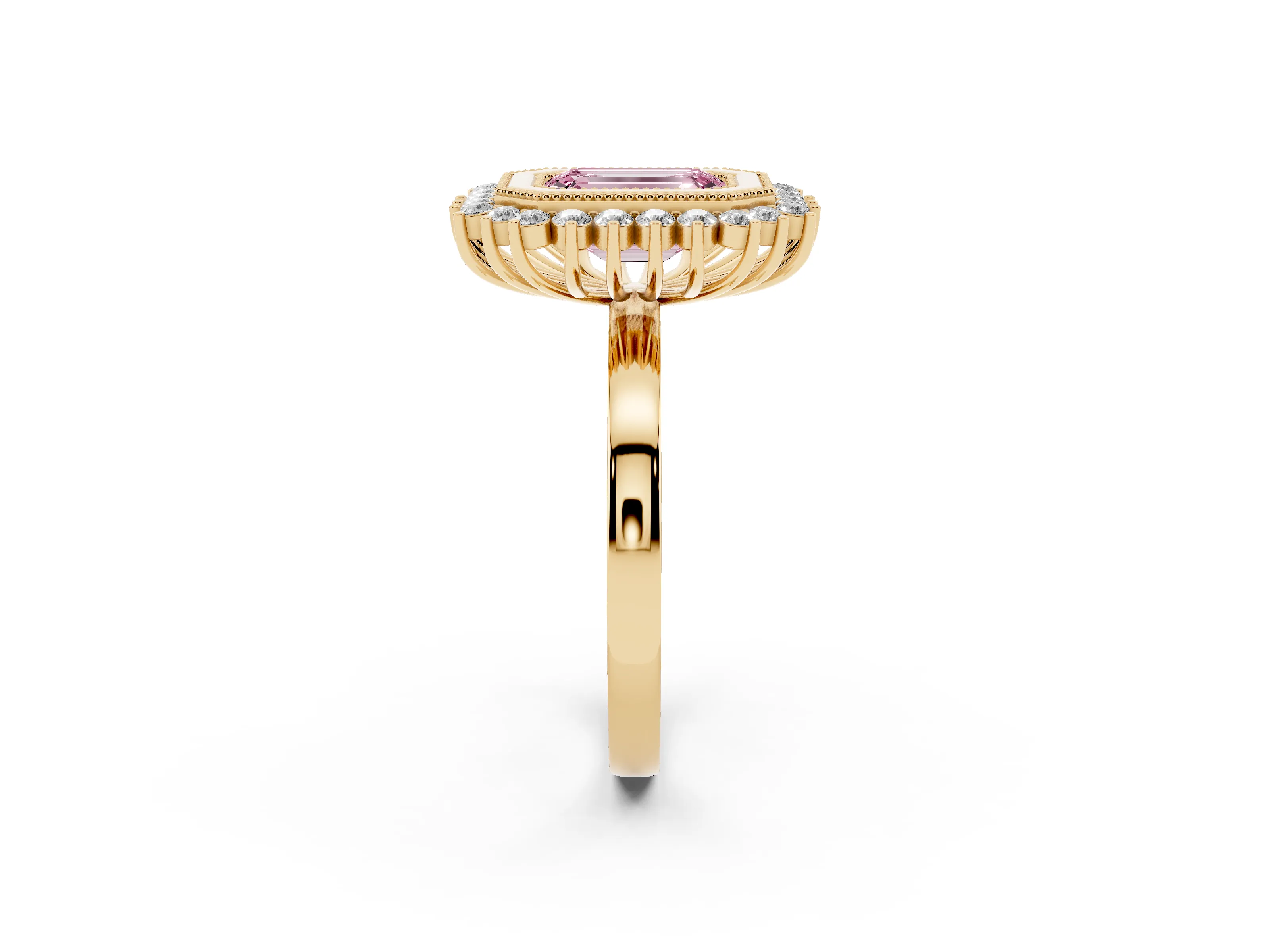 Fancy Pink Emerald Cut Diamond Halo Ring Set in Yellow gold with Milgrain Edge and Round Prong Setting